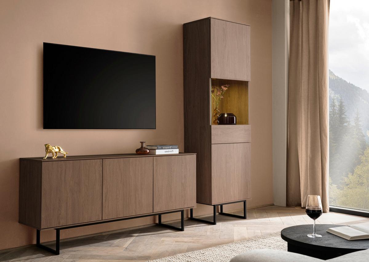 WOHNWAND in Nussbaum 2-teilig 220 cm, Komplett-Set mit Push-to-Open - Nussbaumfarben/Schwarz, Glas/Holzwerkstoff (220/200/40cm) - Furn.Design
