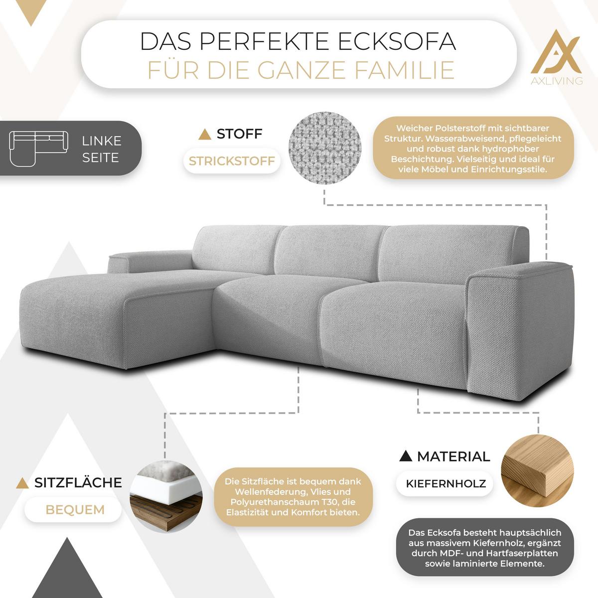 ECKSOFA L Form Didim mini Hellgrau 310/165/78 cm – stilvolle kleine Eckcouch L - Hellgrau/Schwarz, Kunststoff/Textil (165/310cm) - AX Living