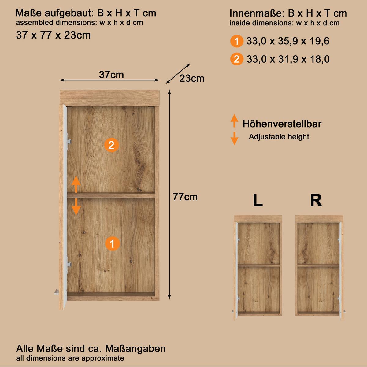 HÄNGESCHRANK Asteiche 37 x 77 cm, Badschrank hängend - Eichefarben, Holzwerkstoff/Kunststoff (37/77/23cm) - Top.Furn