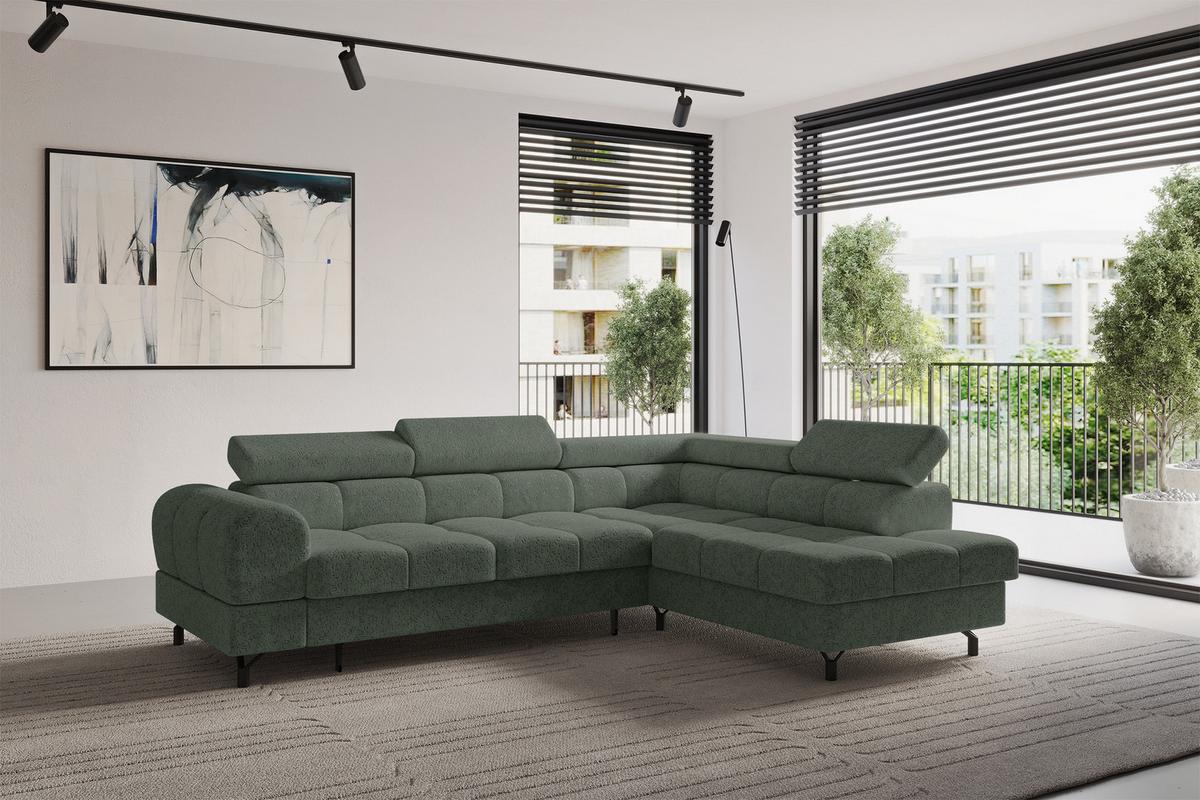 ECKSOFA mit Schlaffunktion Ottomane Rechts LUMA-L 272x203x70 Grün Velours - Schwarz/Grün, Holzwerkstoff/Kunststoff (203/272cm) - ALTDECOR