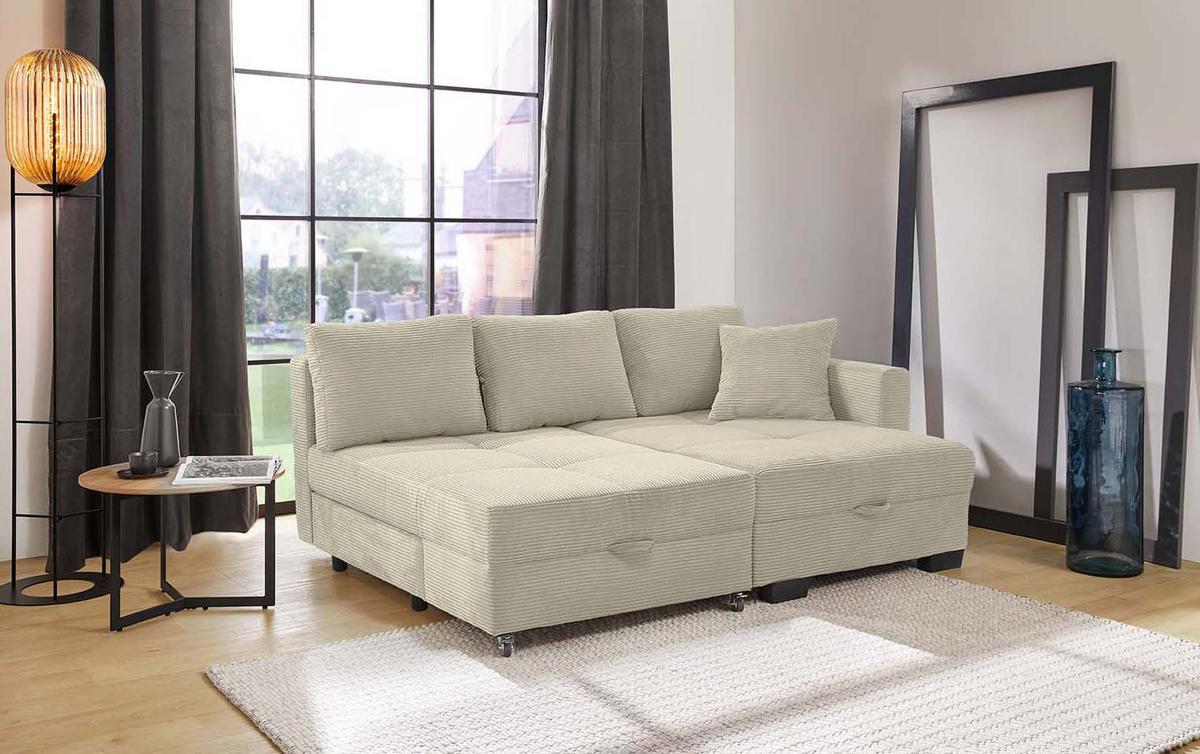 ECKSOFA Doppelbett mit Bettkasten, seitenverkehrt montierbar B247/T155/H87 cm, Liegefläche 183x207 cm, Cord Beige Grau / 15215 - Greige/Schwarz, Kunststoff/Textil (247/155cm) - luma-home