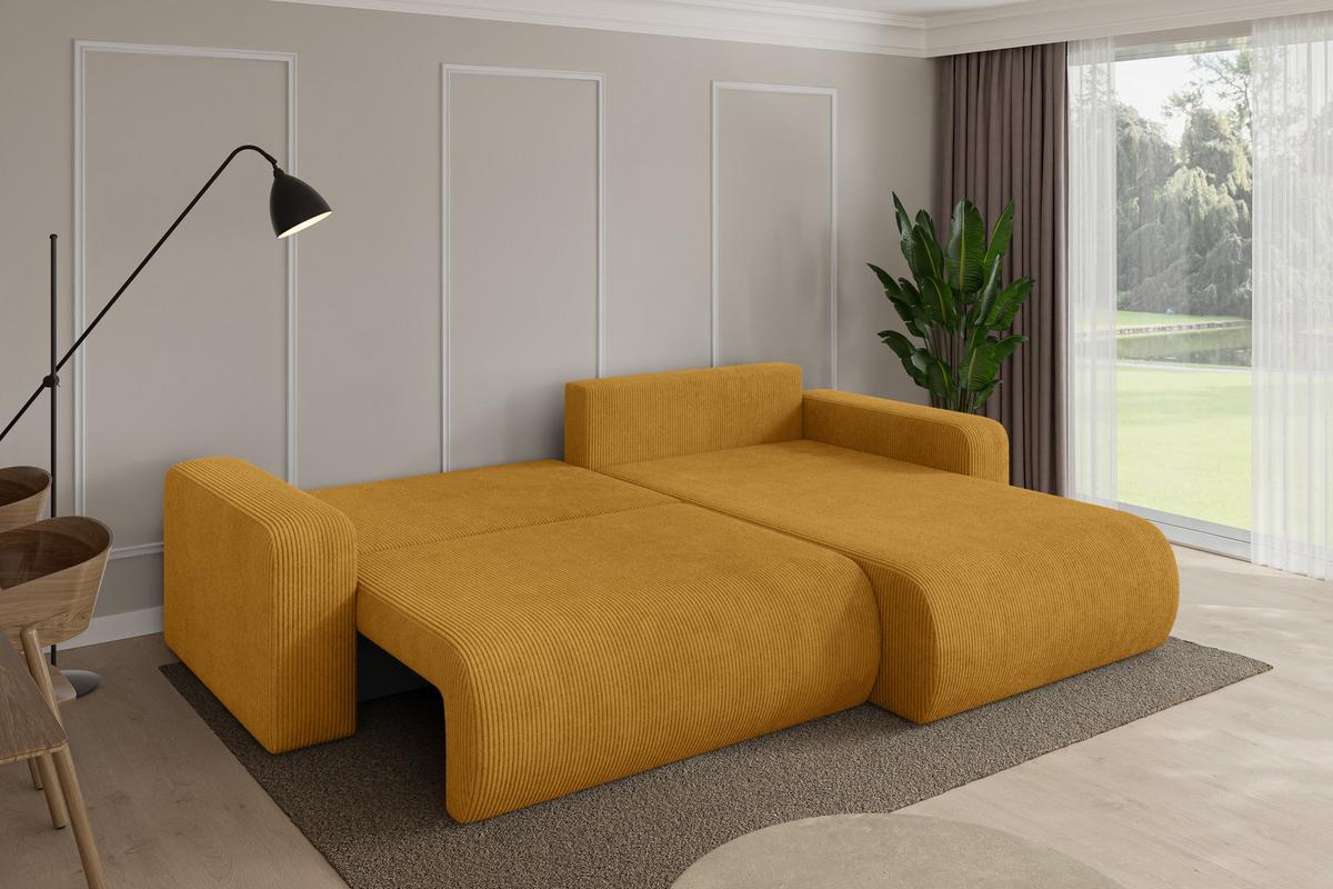 ECKSOFA mit Schlaffunktion Ottomane Rechts BERY-L 276x193x88 Senfgelb Cord - Dunkelgelb/Schwarz, Holzwerkstoff/Kunststoff (276/193cm) - ALTDECOR