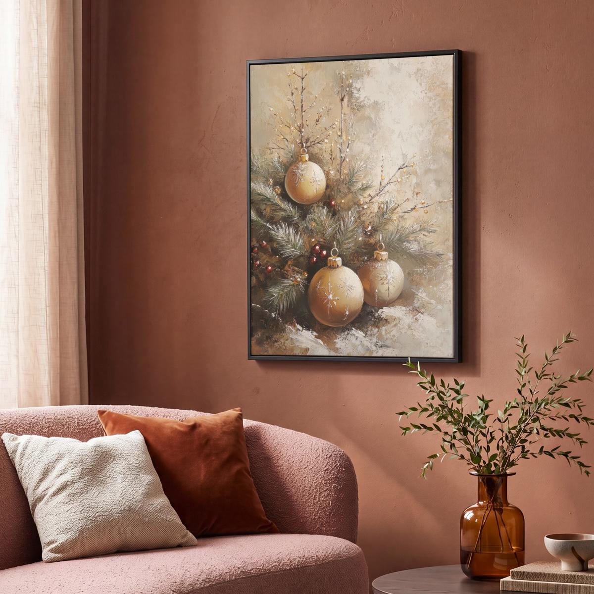 LEINWAND Bilder mit Rahmen - Weihnachten - Kugeln - Beige - Gold - 70x100 - Goldfarben, Textil (70/100cm) - MuchoWow