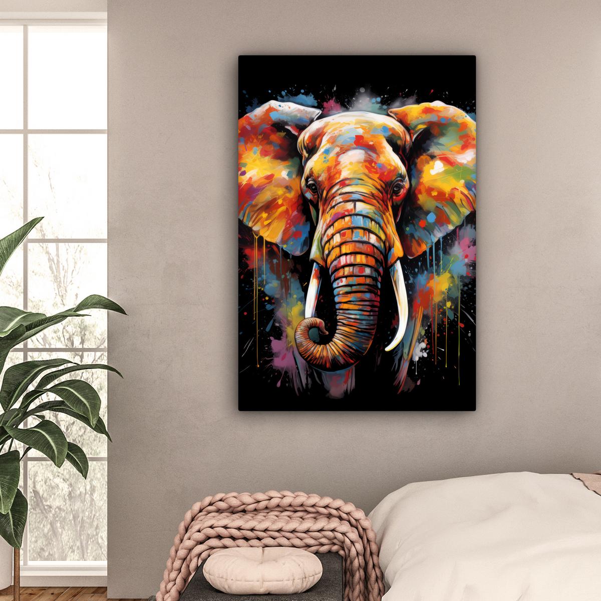 LEINWANDBILD Elefant - Graffiti - Schwarz - Tiere - Farben Deko XXL 80x120 cm - Schwarz, Textil (80/120cm) - MuchoWow