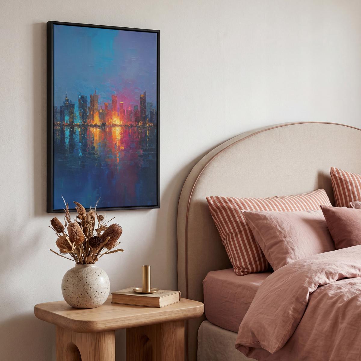 LEINWAND Bilder mit Rahmen - Skyline - Pinselstriche - Dunkelblau - Leuchtend - 40x60 - Blau, Textil (40/60cm) - MuchoWow