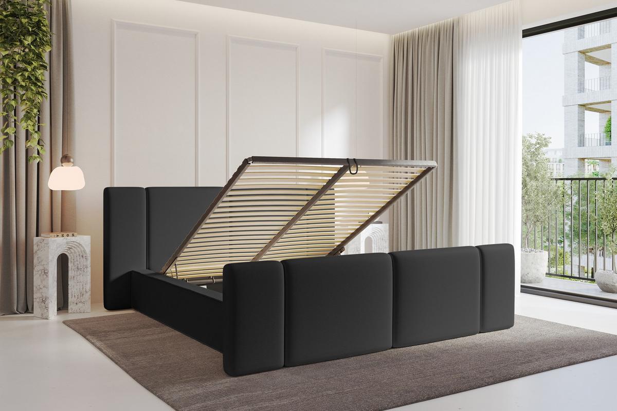 POLSTERBETT mit Bettkasten, Fußteil und Lattenrost, Bett mit Matratze H3/H4 - RIVO-Z 180x200 Schwarz - Schwarz Hochglanz, Holzwerkstoff/Textil (180/200cm) - ALTDECOR