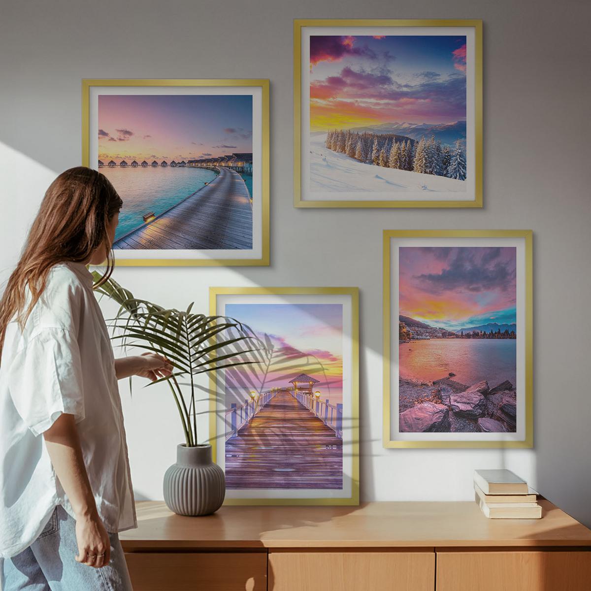 BILDER SET 4er Set - 50x50 cm & 40x60 cm Goldrahmen - Winterlandschaft des Pierbergs - Goldfarben, Kunststoff (50/50cm) - TULUP