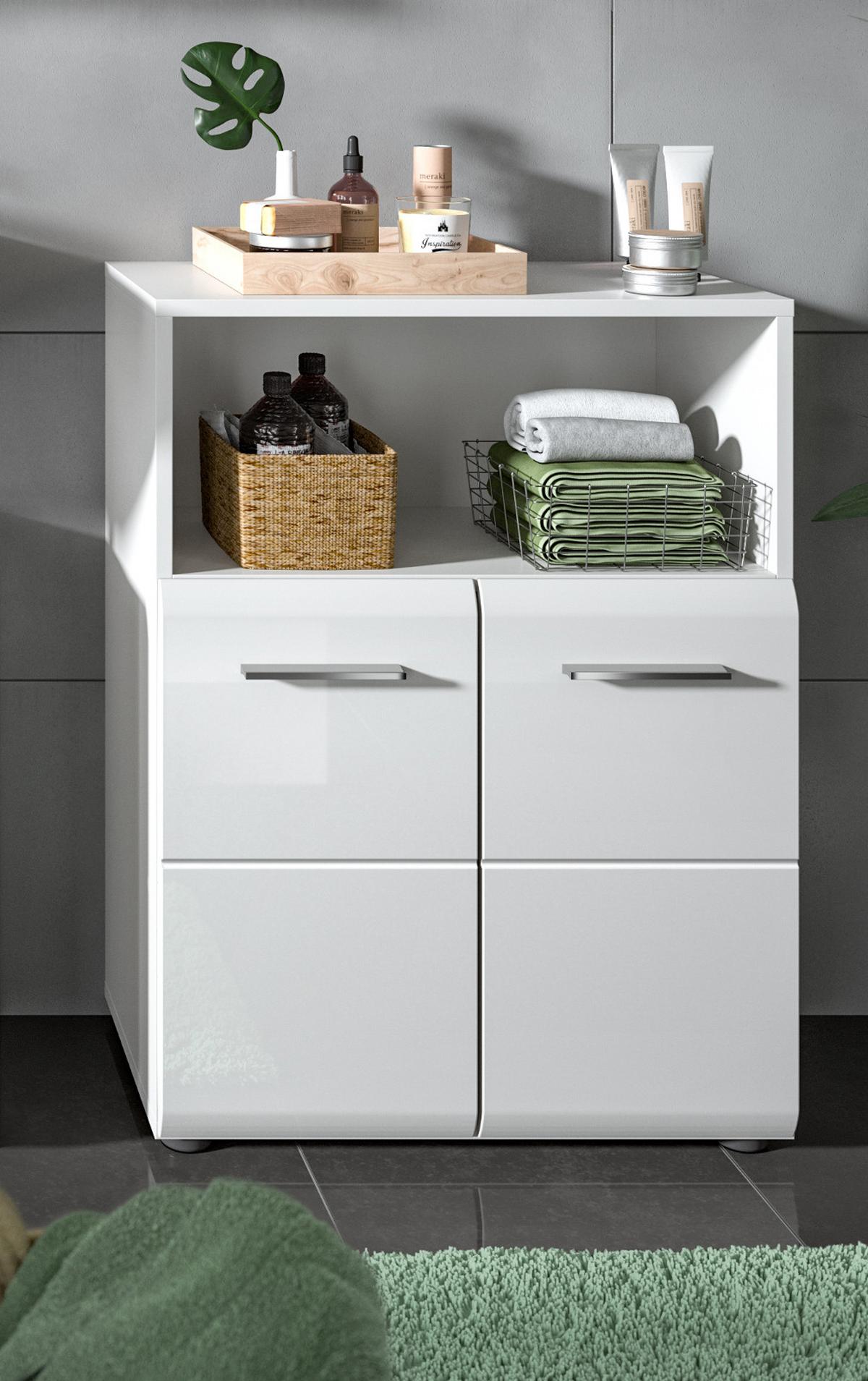 BADKOMMODE weiß Hochglanz, Badschrank 2-türig 60 x 80 cm - Weiß Hochglanz/Silberfarben, Holzwerkstoff/Kunststoff (60/80/30cm) - Inn.Furn