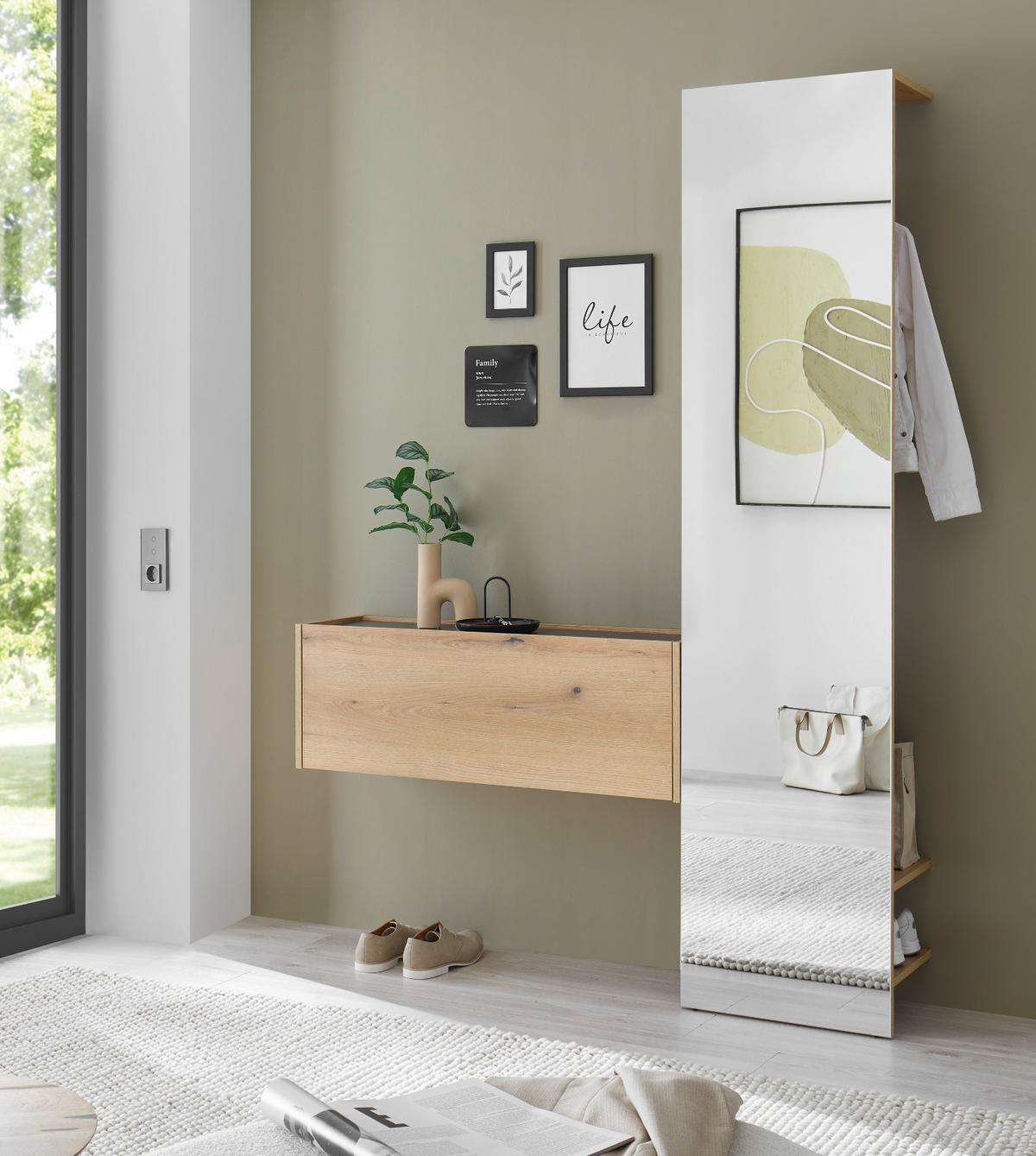 GARDEROBEN-SET 2-teilig Evoke Eiche, grau 150 cm, Garderobenkombination mit Spiegel - Eichefarben/Grau, Glas/Holzwerkstoff (150/200/30cm) - Furn.Design