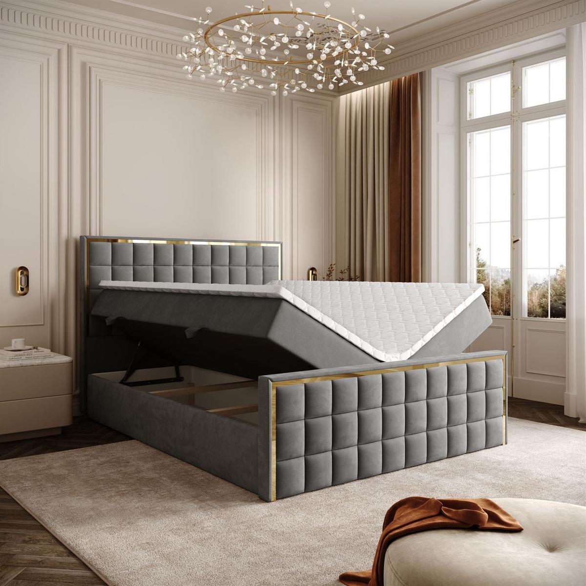 BOXSPRINGBETT ISADORA II GOLD mit Bettkasten und Topper 140x200 cm Royal Velvet 250 - Grau, Textil - Lookway