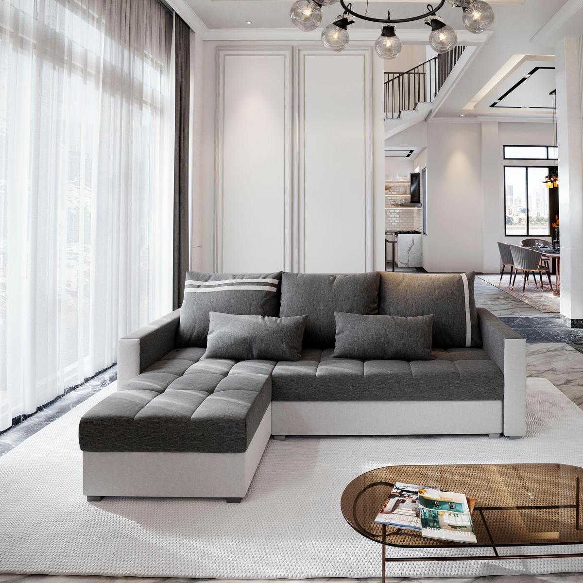 ECKSOFA KOS PIK Hellgrau Dünner Stoff mit Schlaffunktion - Hellgrau/Grau, Holz/Kunststoff (220/140cm) - MASSENO
