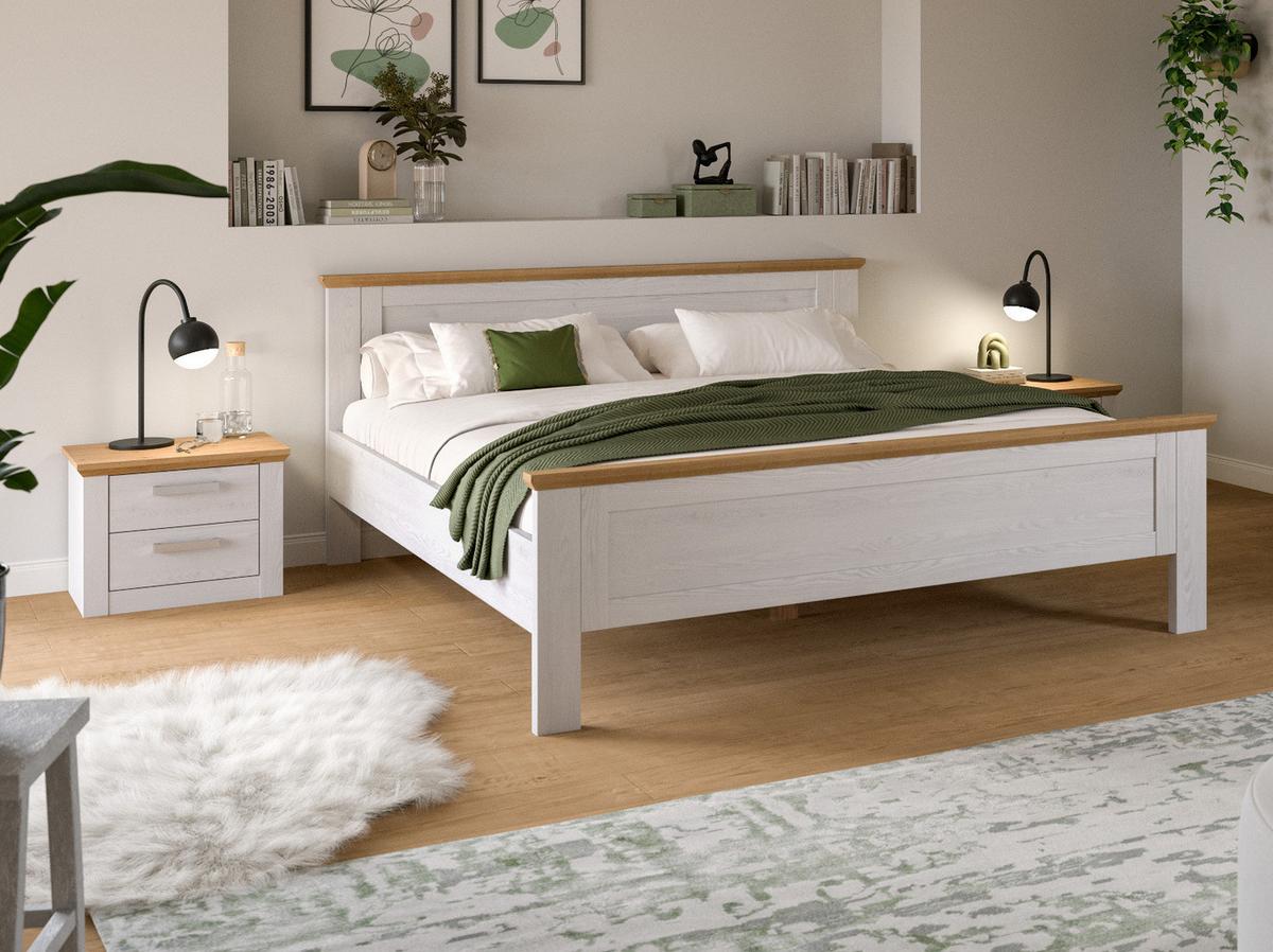 SCHLAFZIMMER weiß Lärche, Eiche Artisan Landhaus Set mit Bett 180 x 200 cm, 2x Nachttisch - Eichefarben/Silberfarben, Holzwerkstoff/Kunststoff (180/200cm) - Inn.Furn