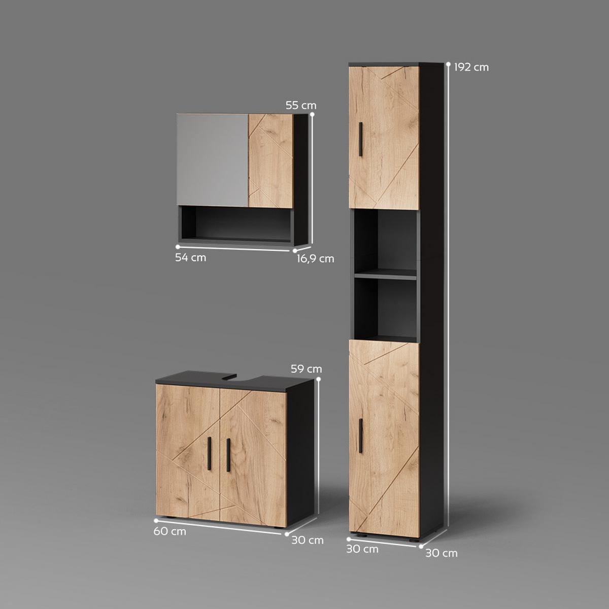 BADMÖBEL-SET Ronco Goldkraft Eiche/Anthrazit 3 Teile, mit Hochschrank - Honigeiche/Anthrazit, Holzwerkstoff (60/192/30cm) - Livinity®
