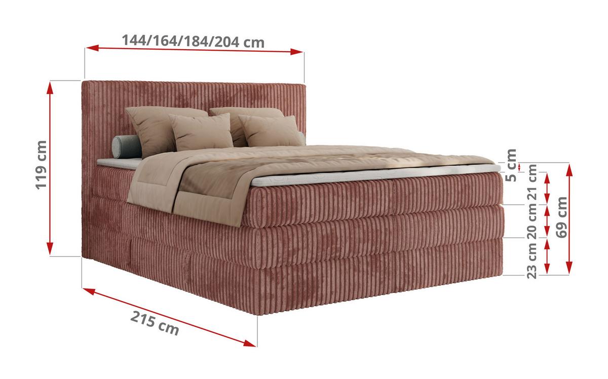 BOXSPRINGBETT TILIANO KING - 200/200 - Rosa Cord - H4 - Rosa, Holz/Textil (200/200cm) - MKS