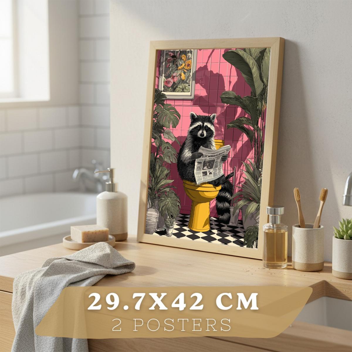 POSTER 2er-Set lustige Tierdrucke im Badezimmer, Fuchs und Waschbär-Dekorationsbilder im modernen Stil Leichter Holzrahmen A3 - Beige, Papier (42/29.7/3cm) - Nacnic