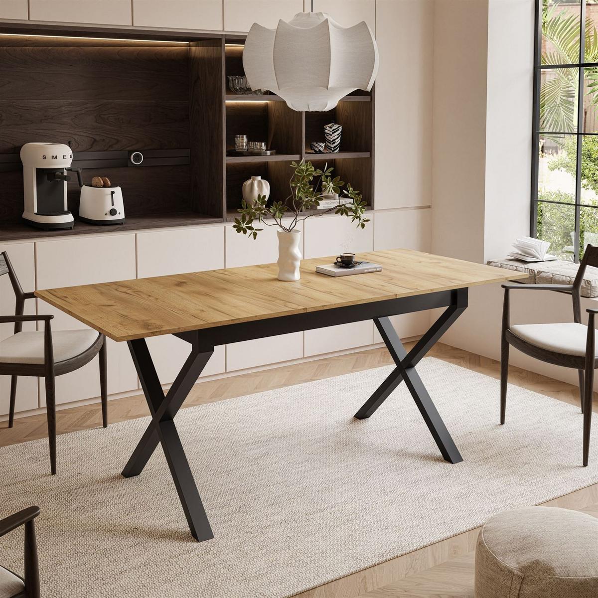 ESSTISCH ARTON II ausziehbarer Tisch 140-195 cm für 6-8 Personen - Eichefarben/Schwarz, Holzwerkstoff/Metall (140/80/77cm) - Lookway