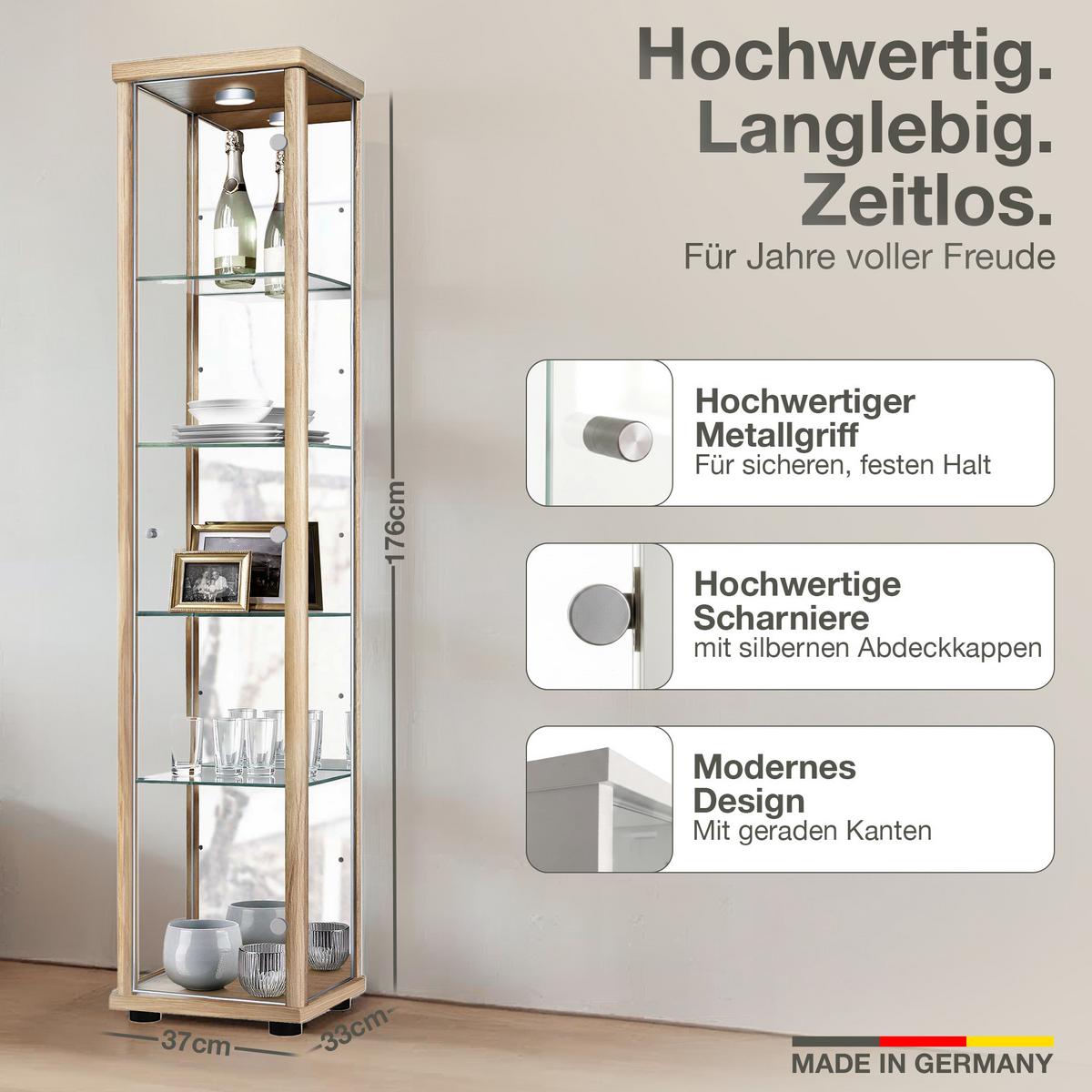 GLASVITRINE 33/37/176 cm mit Spiegel, LED & 4 höhenverstellbaren Glasböden - Transparent/Silberfarben, Glas/Holzwerkstoff (37/176/33cm) - K-Möbel