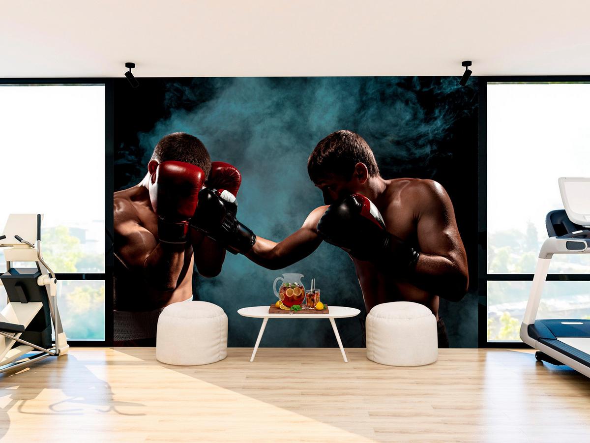 FOTOTAPETE für Jugendzimmer Boxer Männer Training Kampf Rauch 100x70 - Beige/Rot, Papier (100/70cm) - Muralo