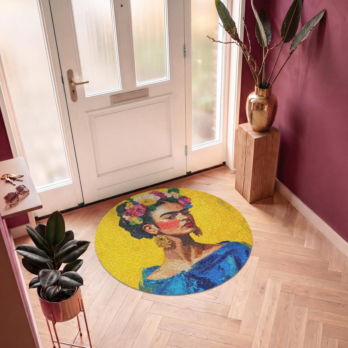FUSSMATTE Frida Kahlo - Frau - Gelb - Blau - Blumen Schmutzfangmatte 120x120 cm - Gelb, Kunststoff (120/0.4cm) - MuchoWow