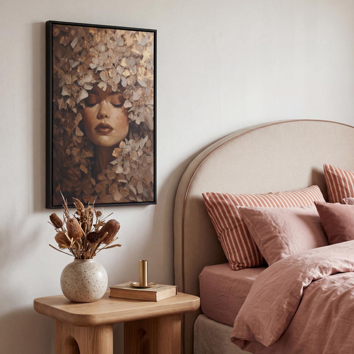 LEINWAND Bilder mit Rahmen - Gesicht - Dame - Blätter - Pinselstriche - 40x60 - Goldfarben, Textil (40/60cm) - MuchoWow