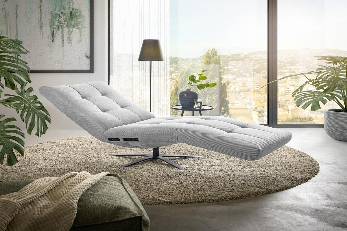 RELAXLIEGE LETICIA Silber Cord Drehbar (360°), Relaxfunktion - Silberfarben/Schwarz, Textil/Metall (82/115/156cm) - KAWOLA