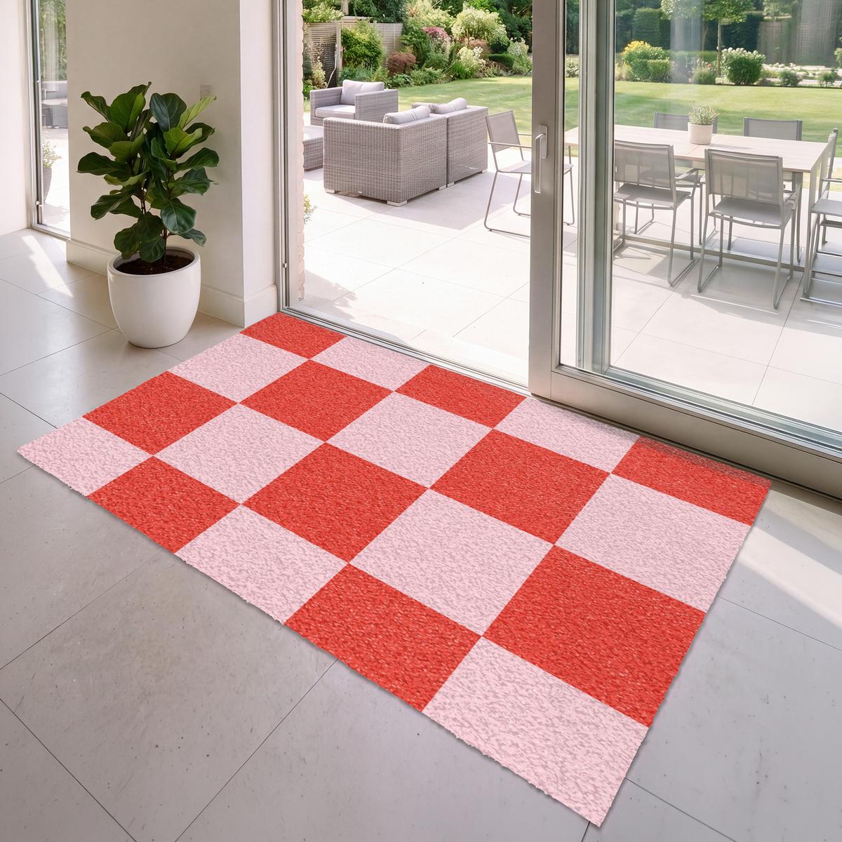 FUSSMATTE Schachbrettmuster - Rot - Rosa - Würfel Türmatte 180x120 cm - Rot, Kunststoff (180/0.4cm) - MuchoWow