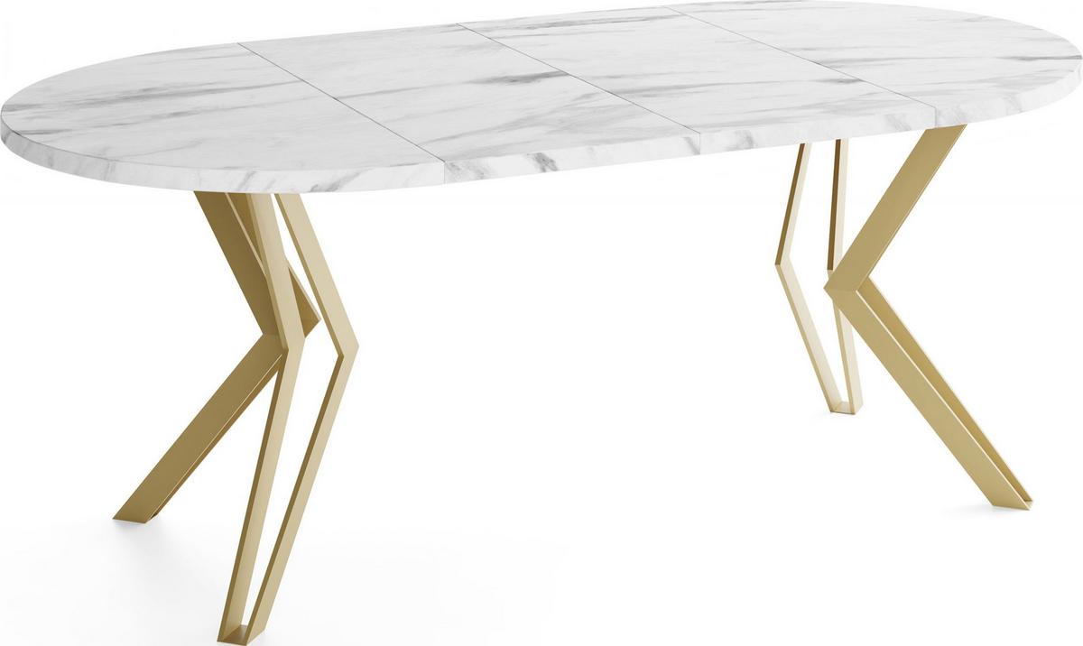 ESSTISCH Daisy runder ausziehbarer, Marmor Weiß 120-200/100/76 cm - Ecru/Goldfarben, Holzwerkstoff/Metall (120/200/76cm) - WFL GROUP