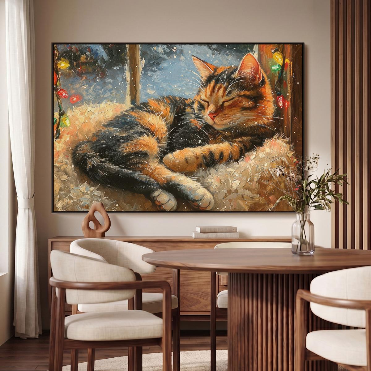 LEINWAND Bilder mit Rahmen - Katze - Weihnachten - Winter - Tier - 120x80 - Bernsteinfarben, Textil (120/80cm) - MuchoWow