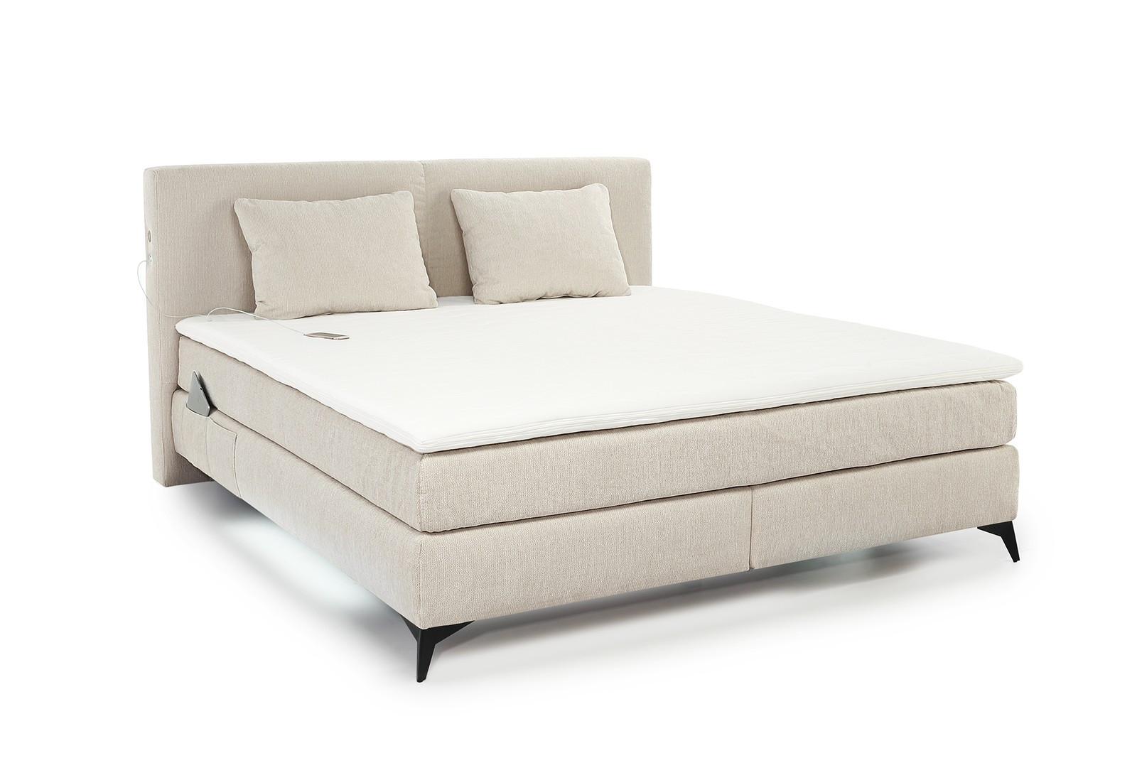 BOXSPRINGBETT 180x200 cm, 7-Zonen-Tonnentaschen-Federkernmatratzen H3, Topper, Bonell-Federkern, Beleuchtung, USB-Ladeports, Chenille Beige / 20017 - Beige/Schwarz, Textil/Metall (180/200cm) - luma-home