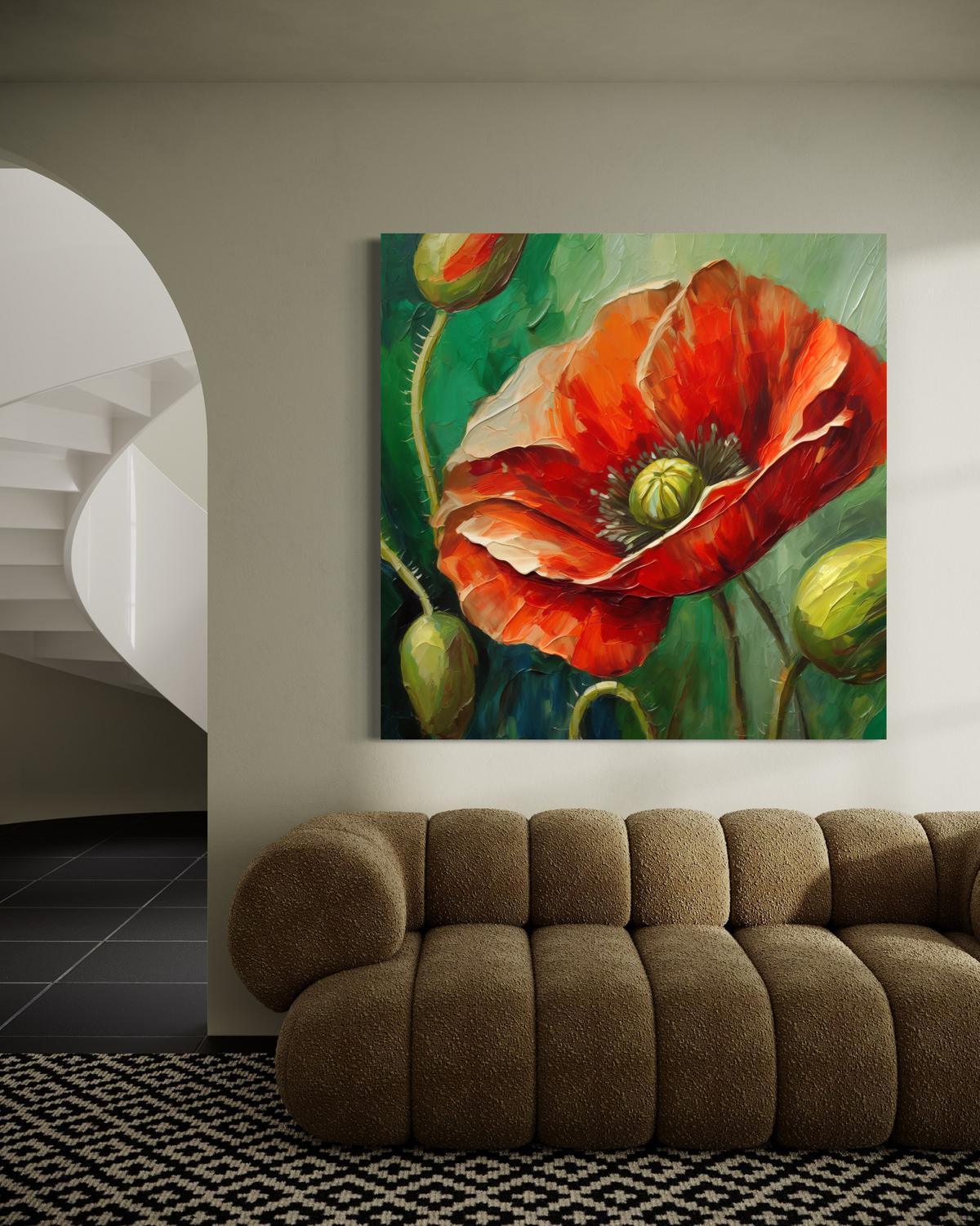 WANDBILD mohnblume natur gemalt - Rot, Textil (40/40cm) - Feeby