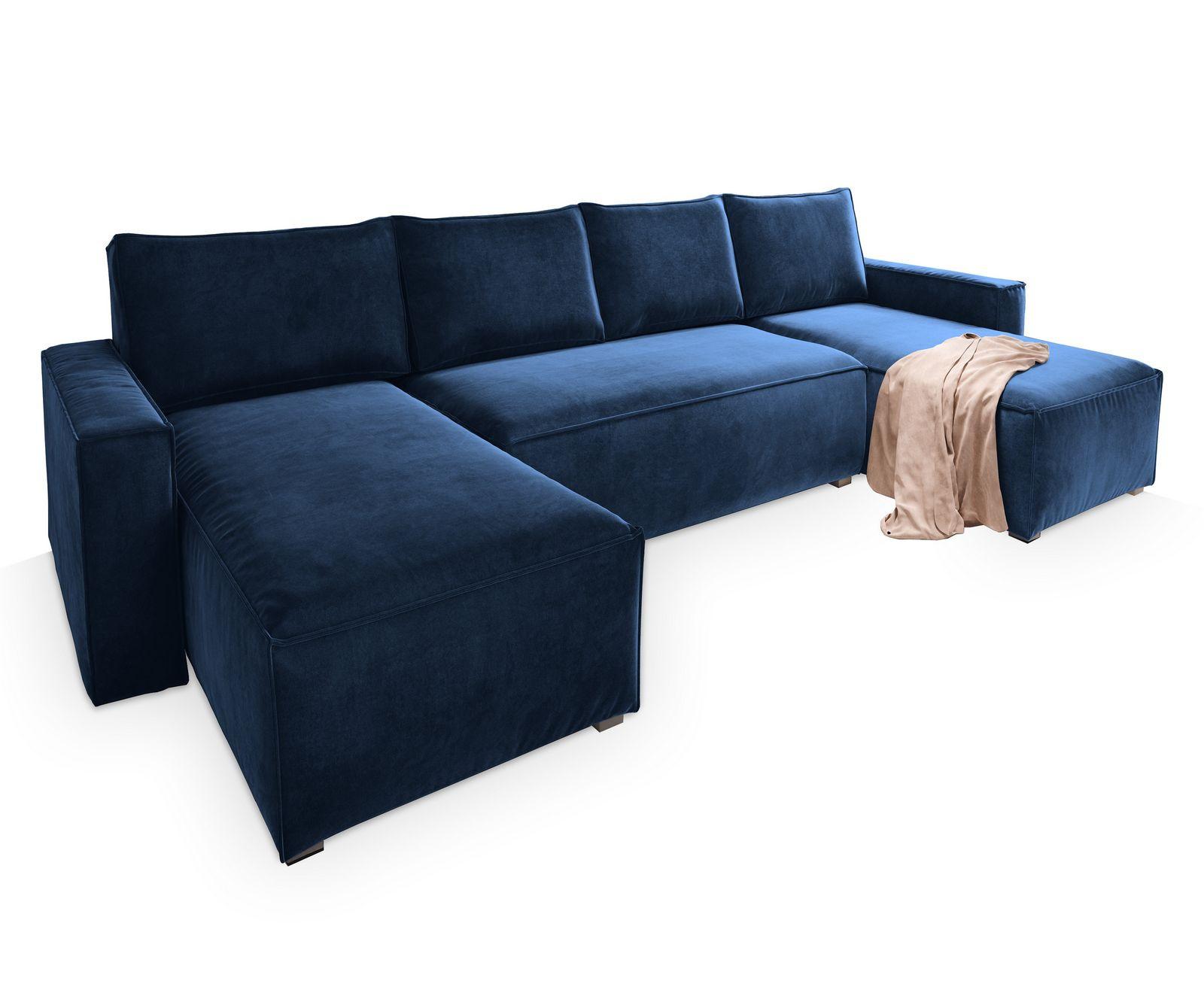 WOHNLANDSCHAFT DENI Blau Velours-Stoff mit Schlaffunktion - Blau/Grau, Holz/Kunststoff (295/85/140cm) - MASSENO