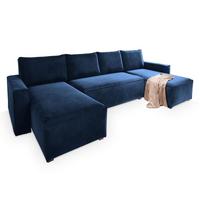 WOHNLANDSCHAFT DENI Blau Velours-Stoff mit Schlaffunktion - Blau/Grau, Holz/Kunststoff (295/85/140cm) - MASSENO