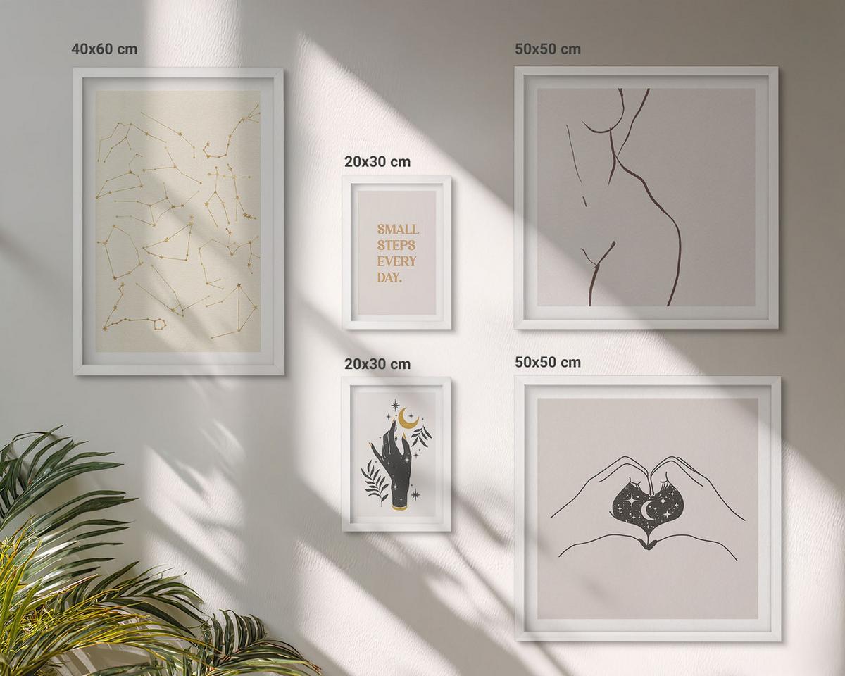 BILDER SET 5er Set - 50x50 cm & 20x30 cm & 40x60 cm Weißer Rahmen - Minimalistische Boho-Illustrationen - Weiß, Kunststoff (40/60cm) - TULUP