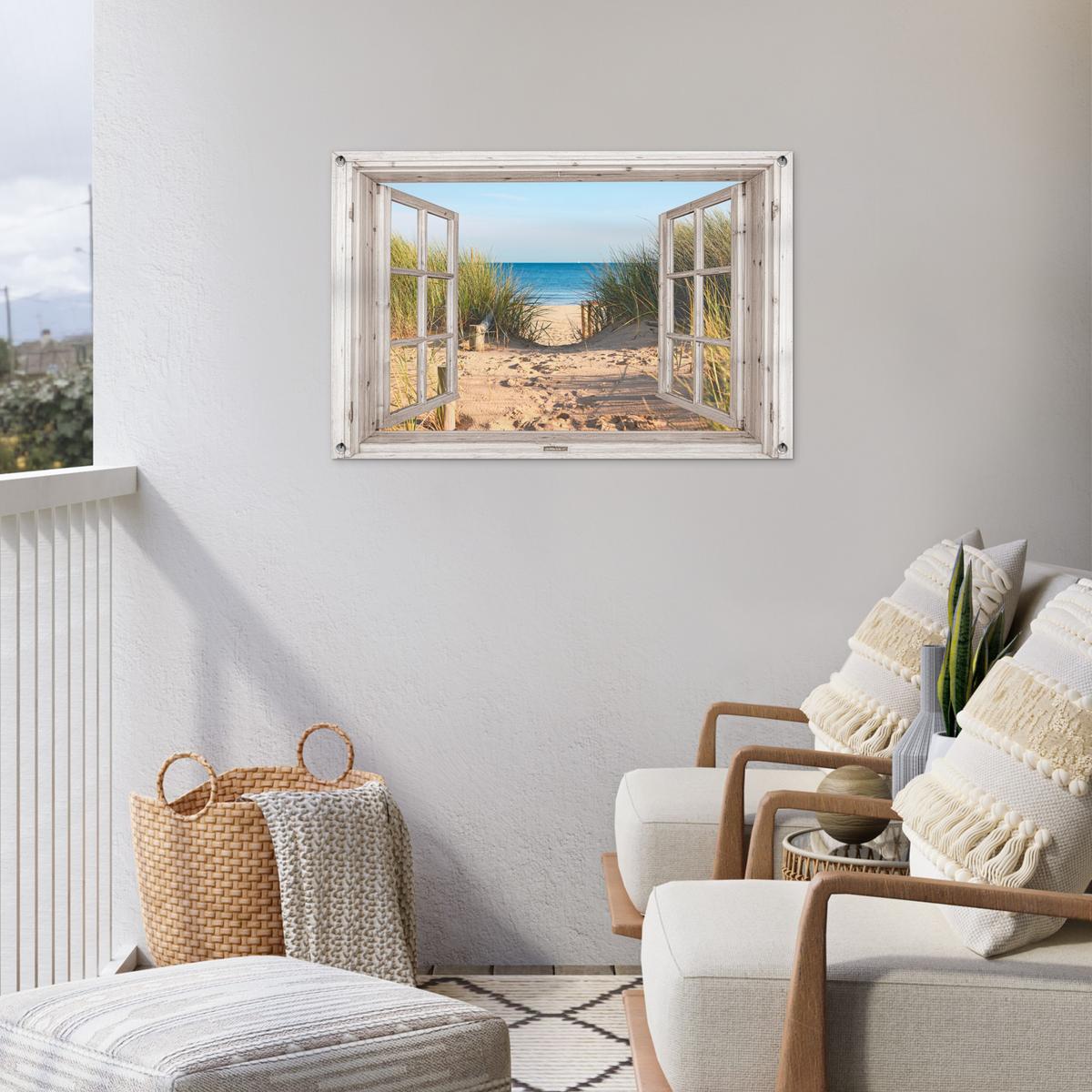 GARTENPOSTER Durchblick - Strand - Meer - Dünen - Sand - Wasser - Hochgras Gartendeko 90x60 cm - Sandfarben, Kunststoff (90/60/0.2cm) - OnlyWow
