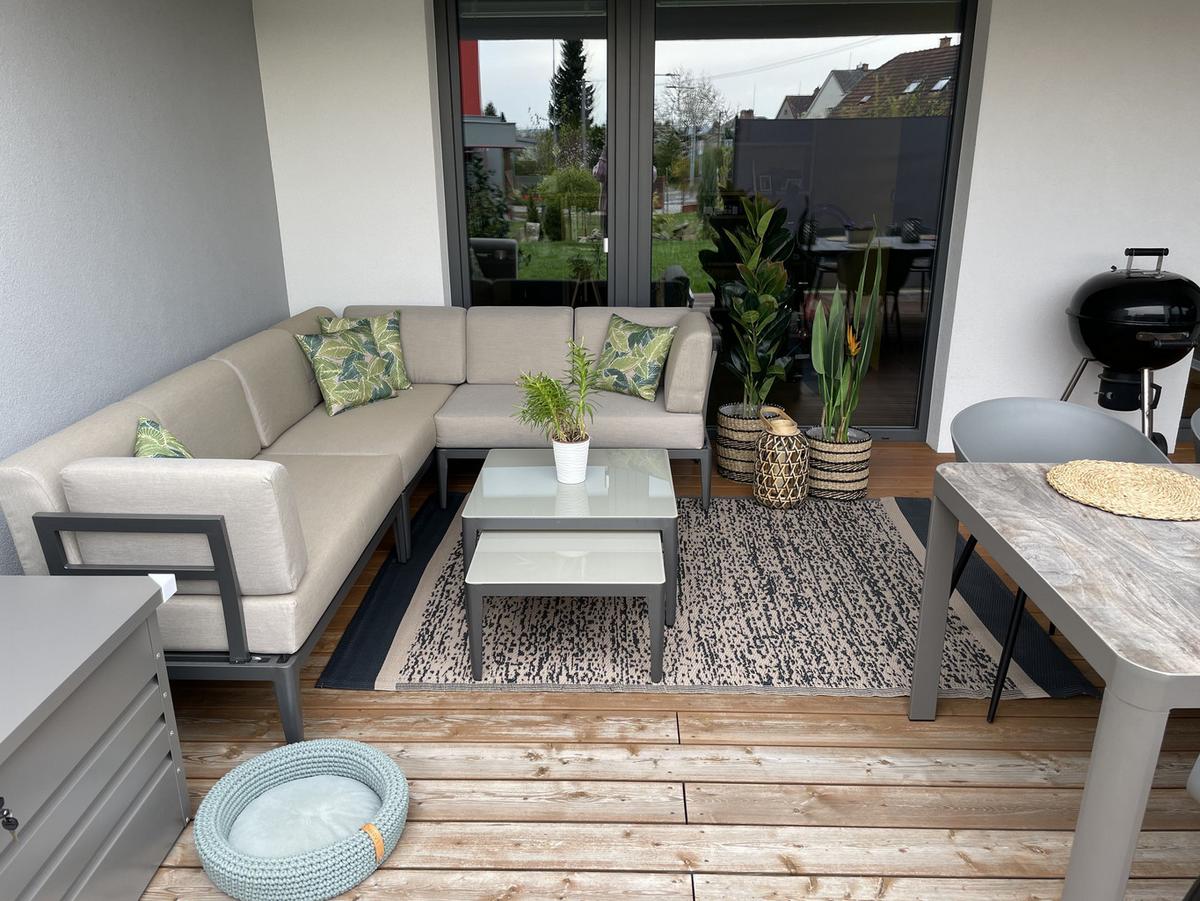 LOUNGE SET 6-Sitzer grau rechtsseitig modular Auflagen beige Rima III - Grau, Metall - Beliani
