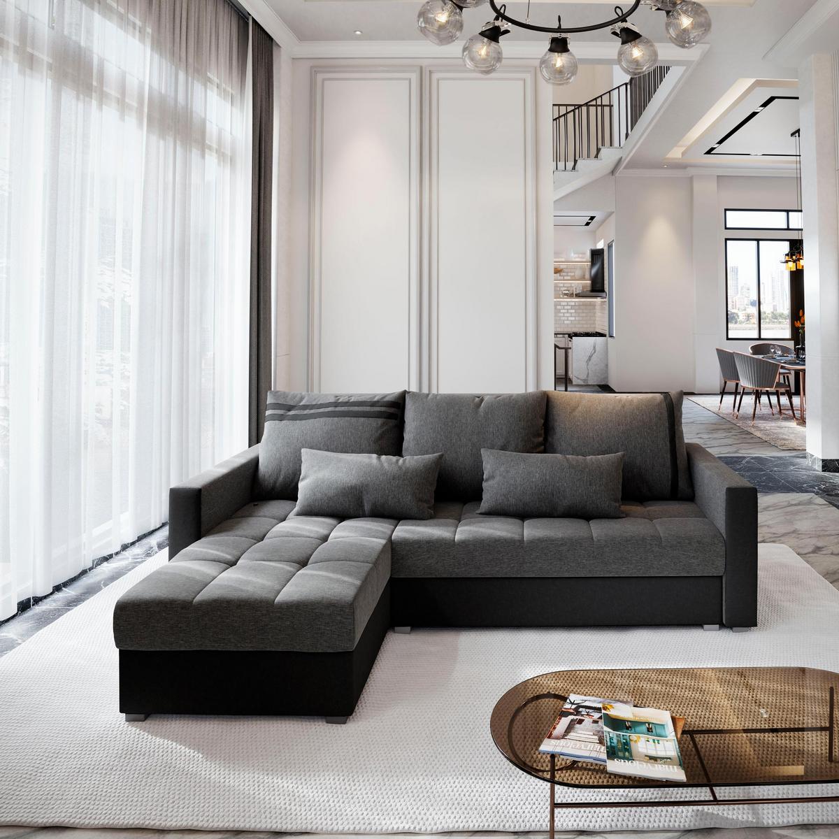 ECKSOFA KOS PIK Hellgrau Dünner Stoff mit Schlaffunktion - Schwarz/Grau, Holz/Kunststoff (220/140cm) - MASSENO