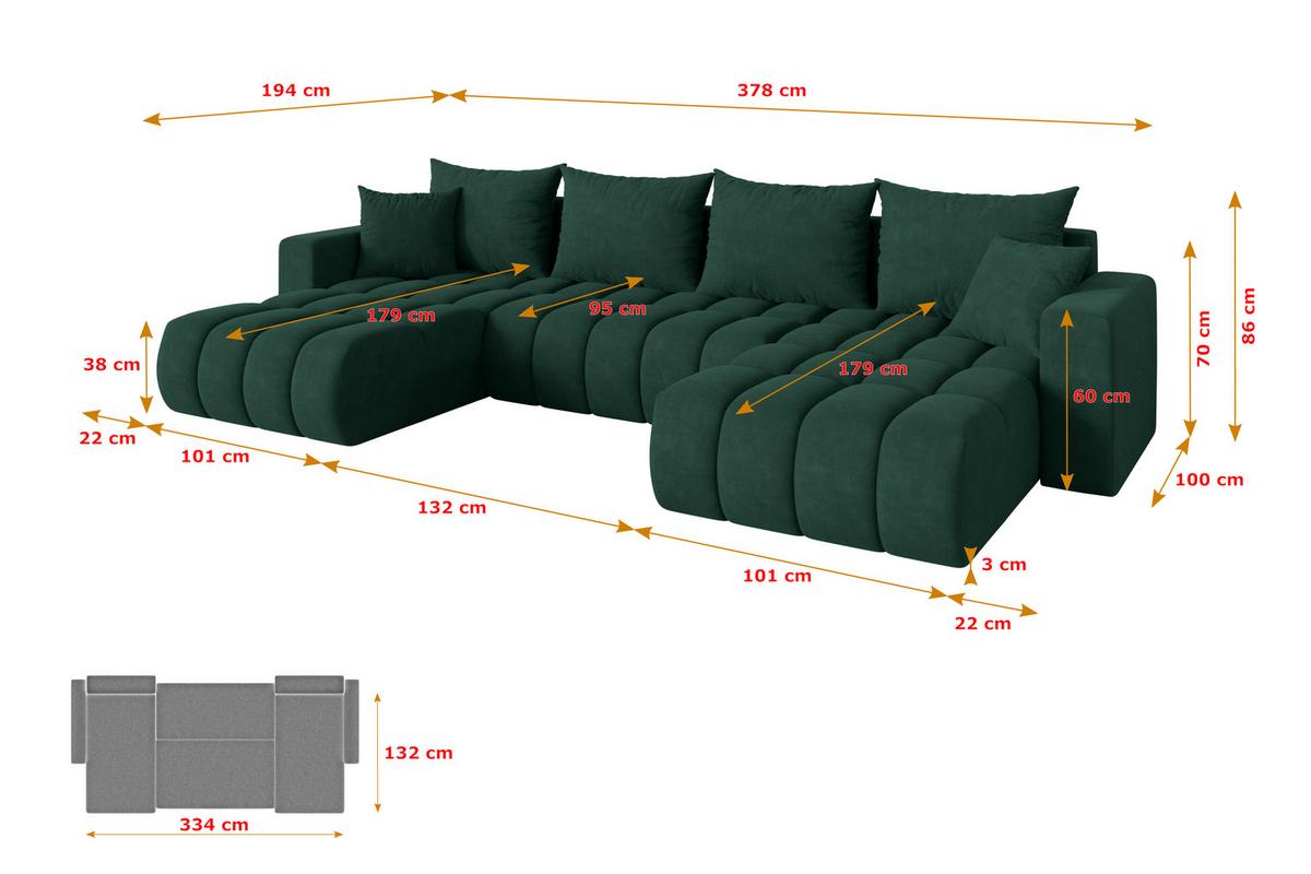 WOHNLANDSCHAFT mit Schlaffunktion und Bettkasten MILA-U-v1 378x194x86 Grün Velours - Schwarz/Grün, Holzwerkstoff/Kunststoff (378/86/194cm) - ALTDECOR