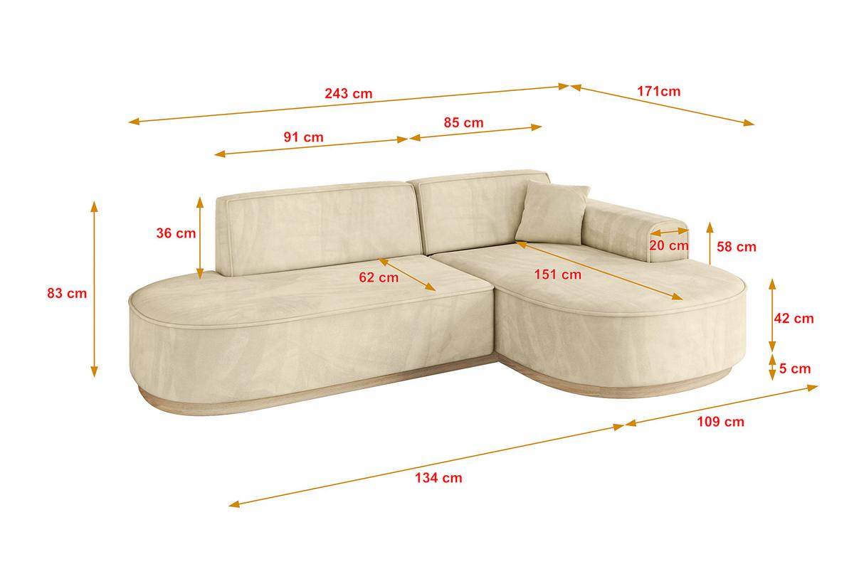 ECKSOFA Ottomane Rechts MARI-L1-v1 - 243x171x83 cm Beige Velours - Beige, Holzwerkstoff/Textil (171/243cm) - ALTDECOR
