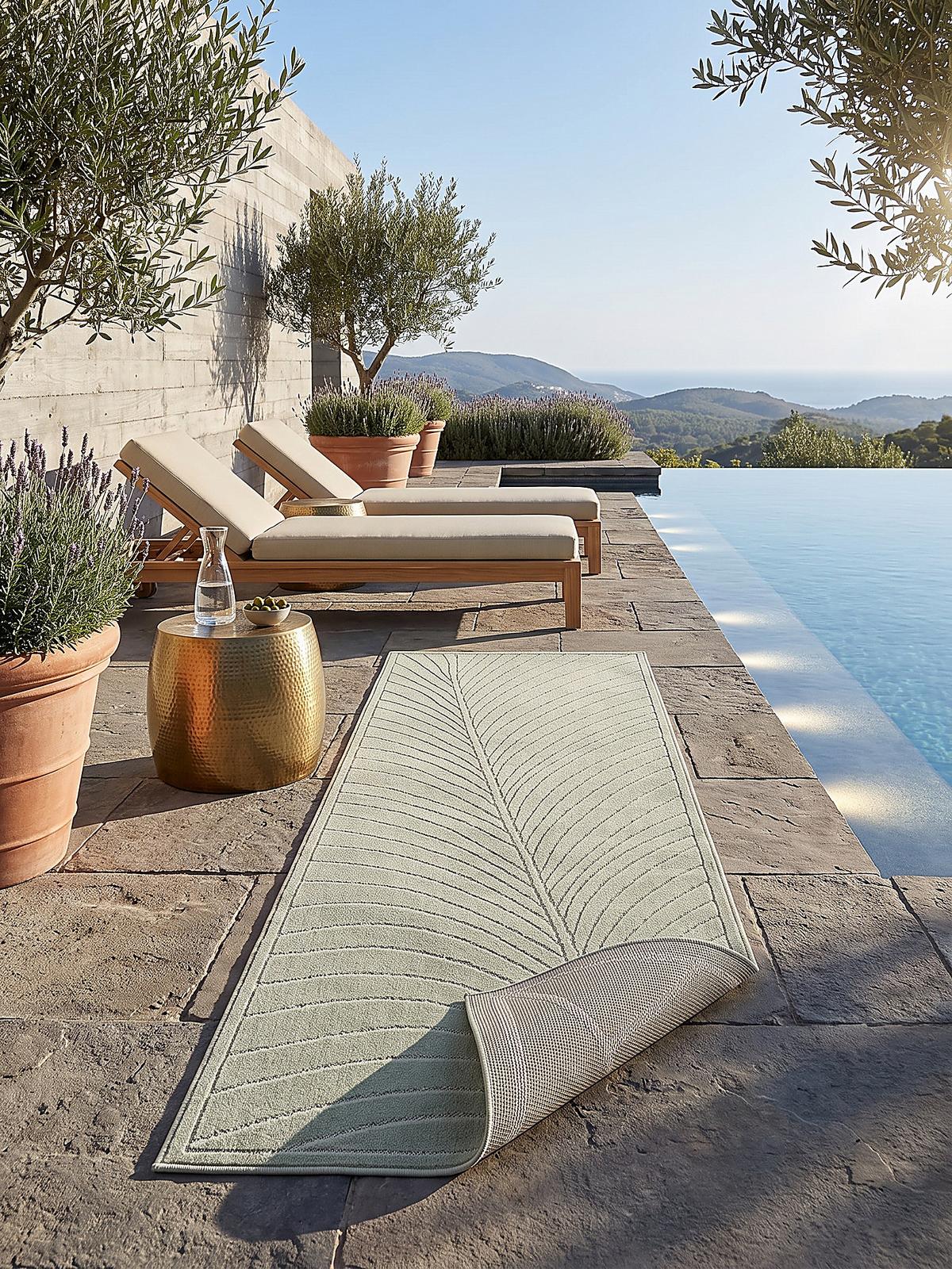 LÄUFER Outdoor, Fußbodenheizung-geeignet, mit Blattmotiv, aus Polypropylen, ENGADIN in Salbeigrün, 80 x 150 cm - Grün, Textil (80/150cm) - KADIMA DESIGN