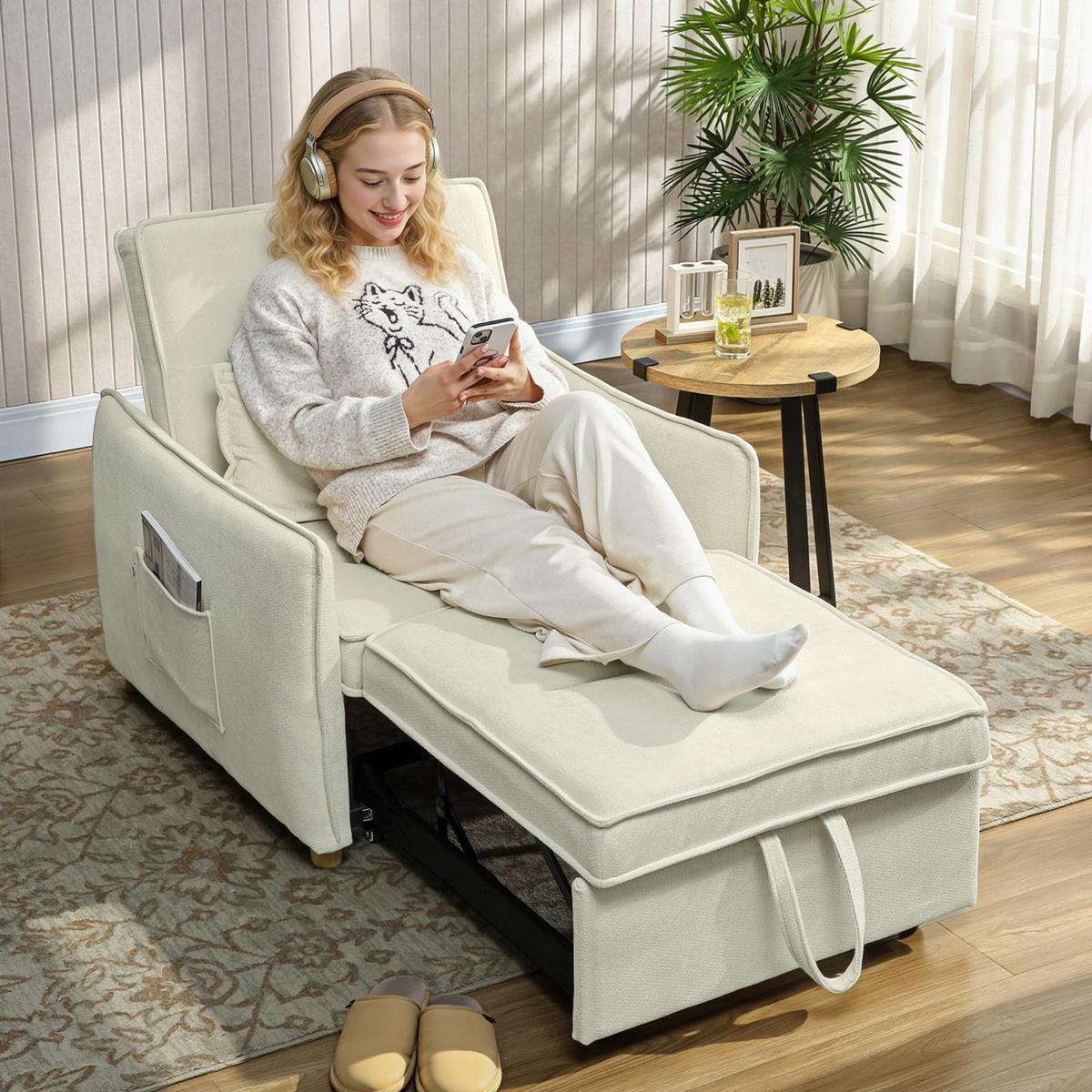 SCHLAFSESSEL Polyester Eukalyptusholz Cremeweiß - Eukalyptusholzfarben/Creme, Holz/Textil (84/87/88cm) - HOMCOM