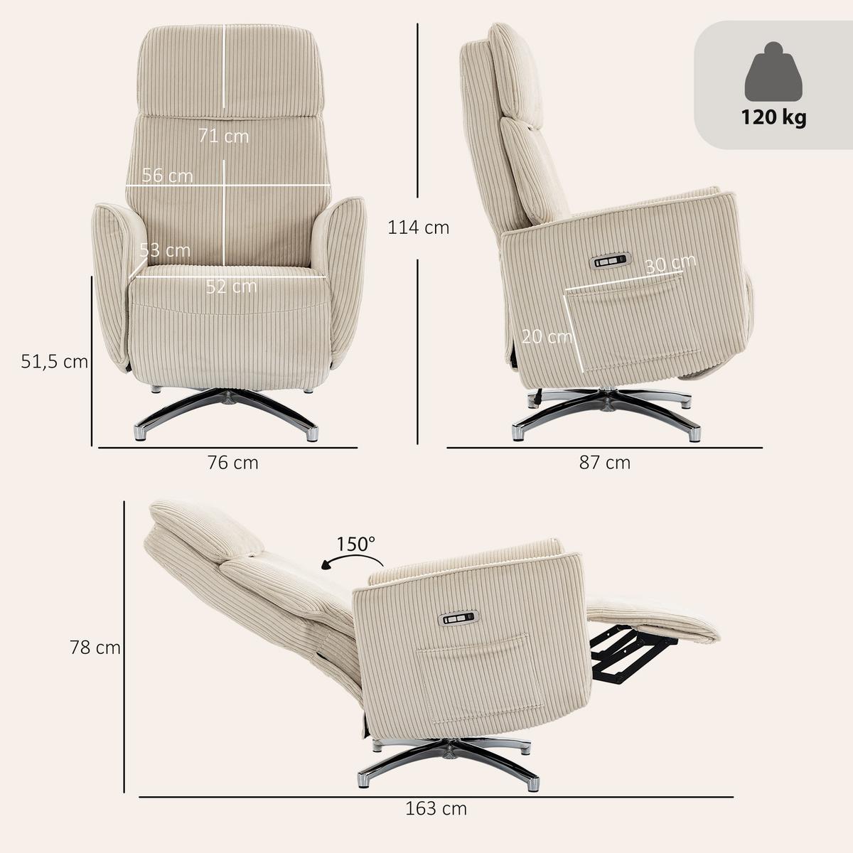 RELAXSESSEL Polyester Cremeweiß - Silberfarben/Creme, Textil/Metall (76/114/87cm) - HOMCOM