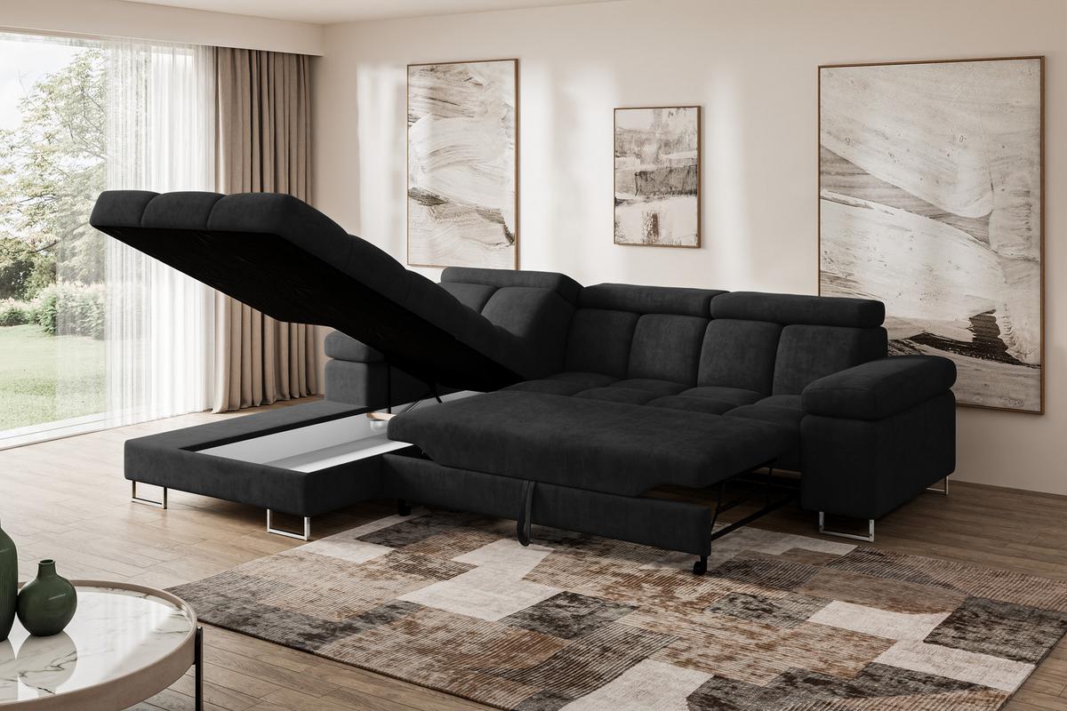 ECKSOFA mit Schlaffunktion Ottomane Links 271x203x79 Schwarz Velours - Schwarz, Holzwerkstoff/Textil (271/203cm) - ALTDECOR