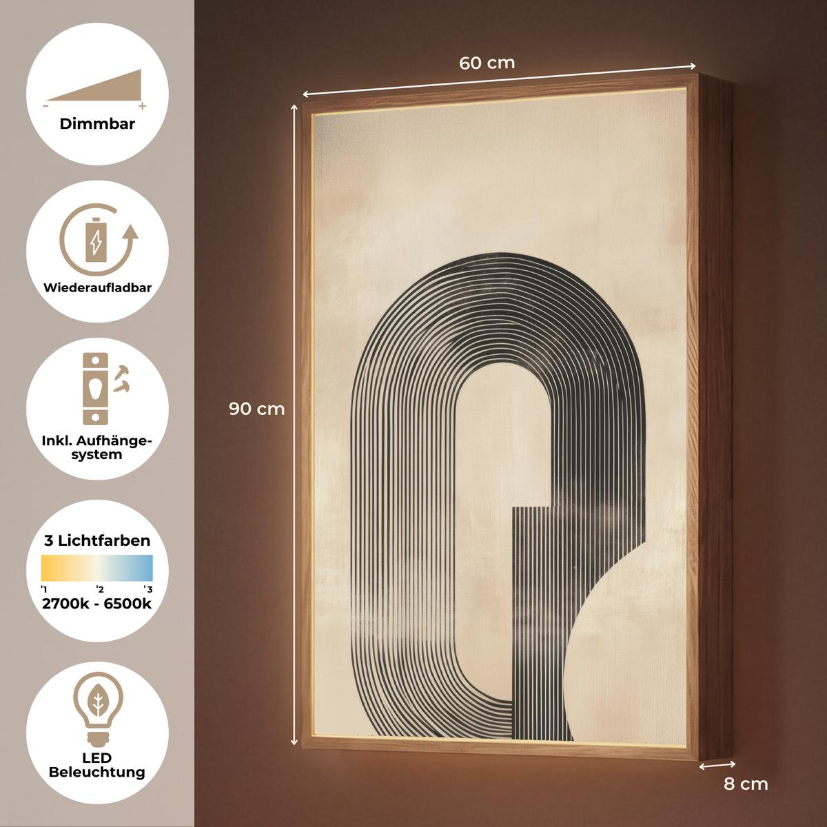 WANDLEUCHTE MIT AKKU Schleife - Streifen - Minimalistisch - Schwarz 60x90 cm - Beige, Holzwerkstoff (60/90/8cm) - OnlyWow