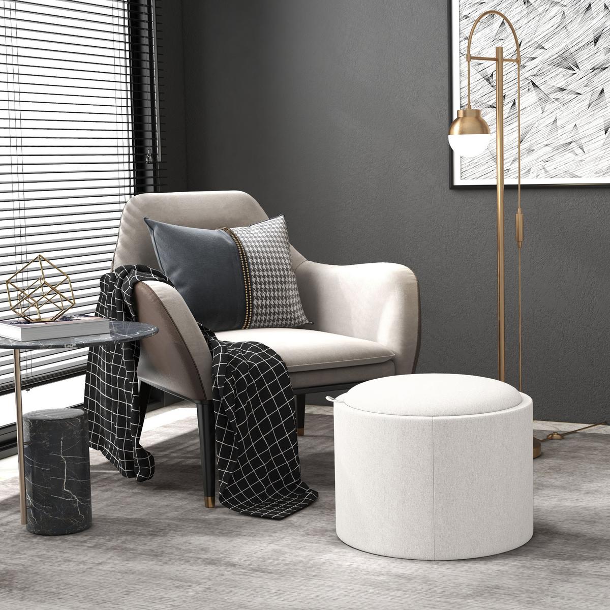 SITZHOCKER Rund mit Polsterung und Stauraum, Klappdeckel, Creme - Creme, Textil (56/42/56cm) - HOMCOM