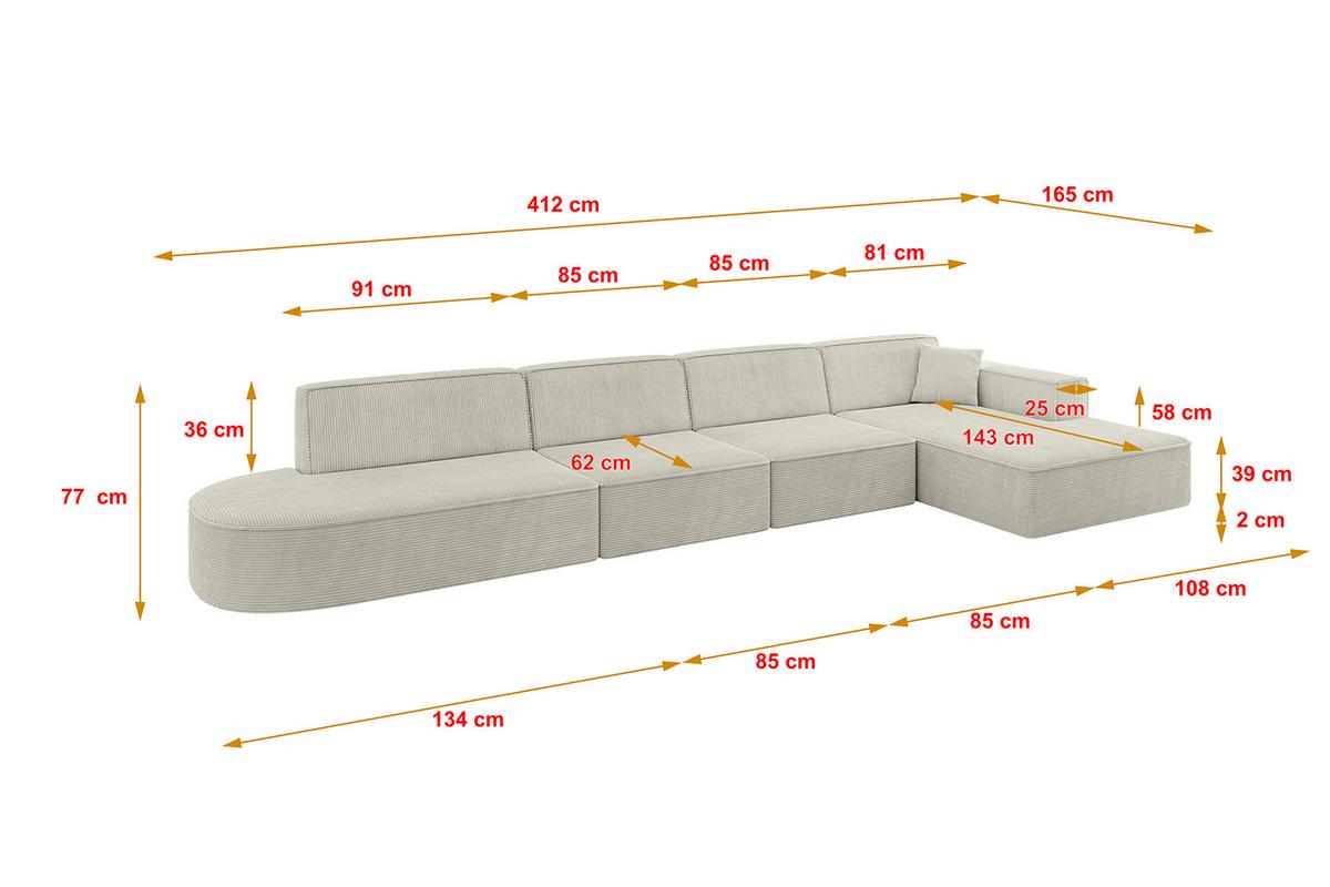 ECKSOFA Ottomane Rechts IREA-L3-v4 - 412x165x77 cm Creme - Ecru/Greige, Holzwerkstoff/Textil (412/165cm) - ALTDECOR