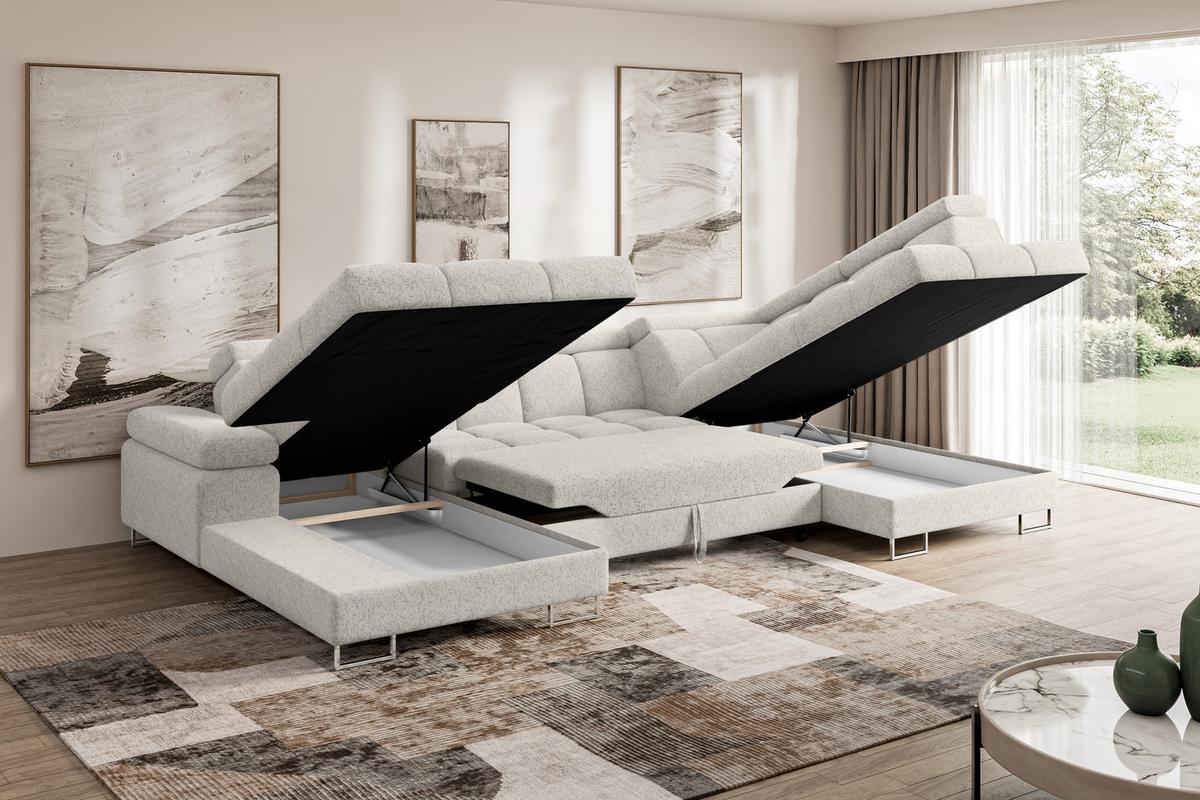 WOHNLANDSCHAFT mit Schlaffunktion und Bettkasten Ottomane RECHTS COMA U 345x203x79 Hellgrau Velours - Hellgrau, Holzwerkstoff/Textil (203/79/345cm) - ALTDECOR