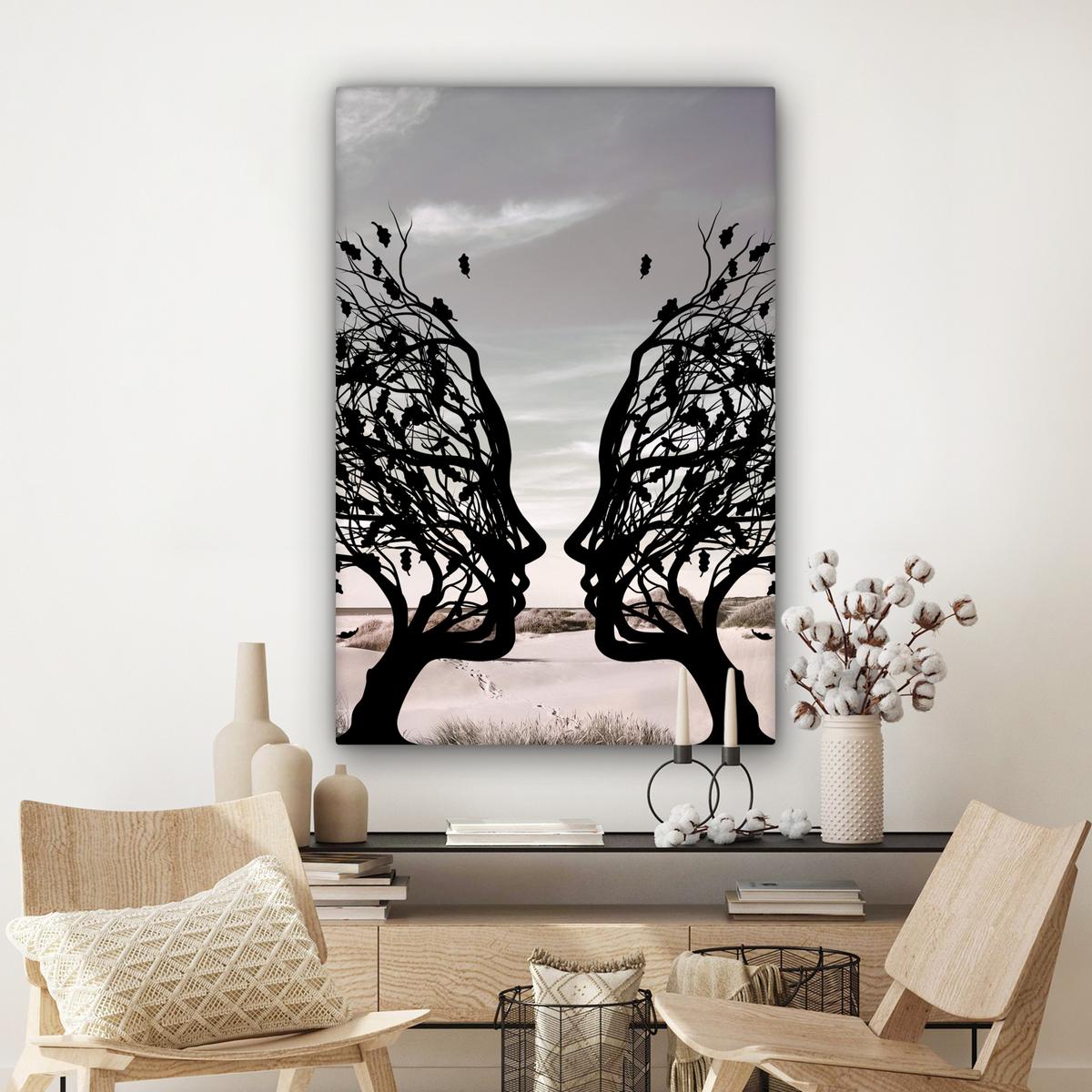LEINWANDBILD Strand - Meer - Menschen - Baum - Moderne Kunst Deko XXL 80x120 cm - Hellgrau, Textil (80/120cm) - MuchoWow