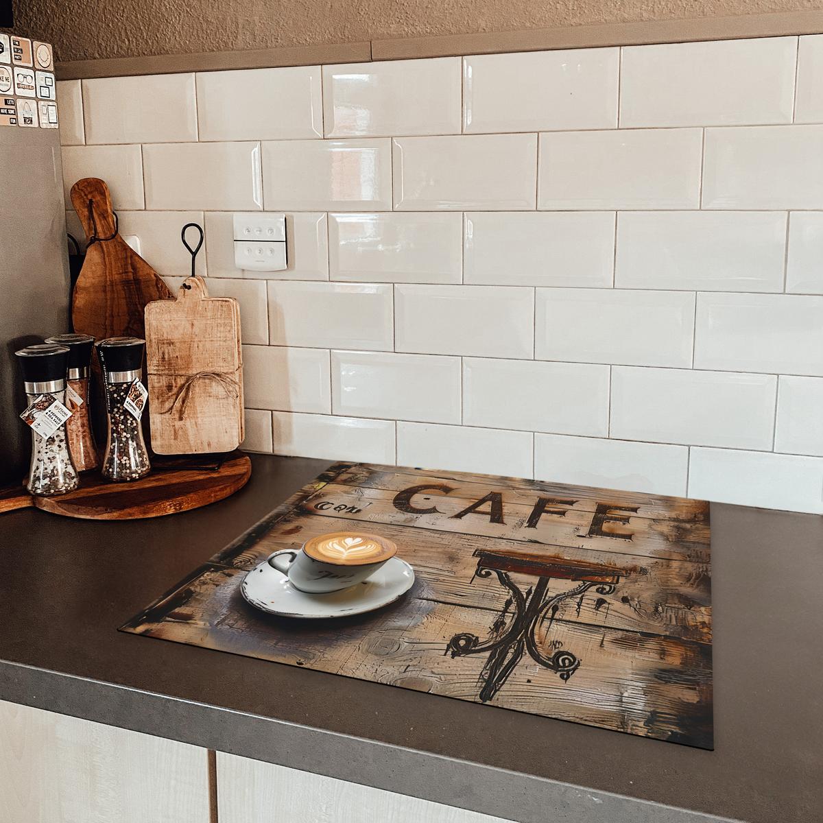 HERDABDECKPLATTE Cafe - Holz - Kaffee - Regale Herdabdeckung Induktionsfeld 60x52 cm - Schwarz, Kunststoff (60/52/0.2cm) - MuchoWow