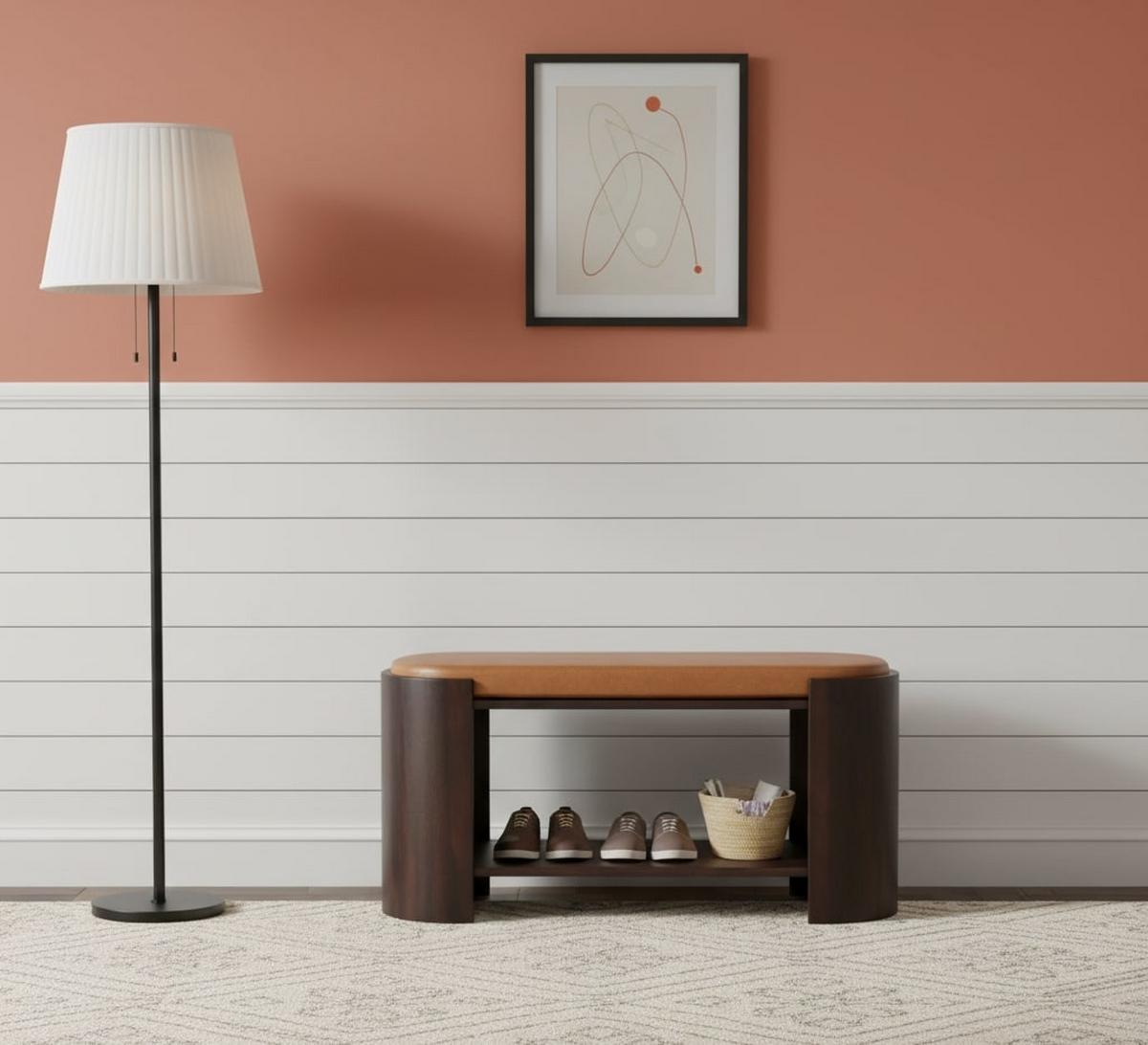 SITZBANK mit Samt-Mokka-Finish, 1 offene Ablage, Bezug aus echtem Leder, dunkelbraun - Dunkelbraun/Braun, Leder/Holz (90/44/35cm) - Artisan Furniture