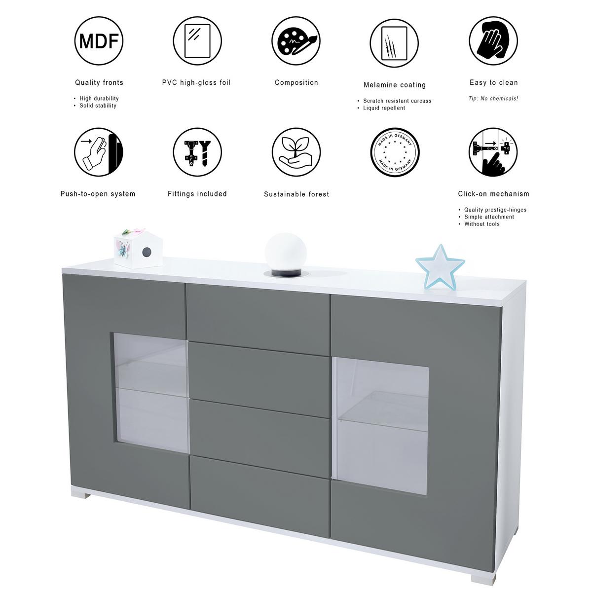 SIDEBOARD Grömitz Weiß Hochglanz - Weiß Hochglanz, Holzwerkstoff (138.5/75.5/35cm) - Vladon